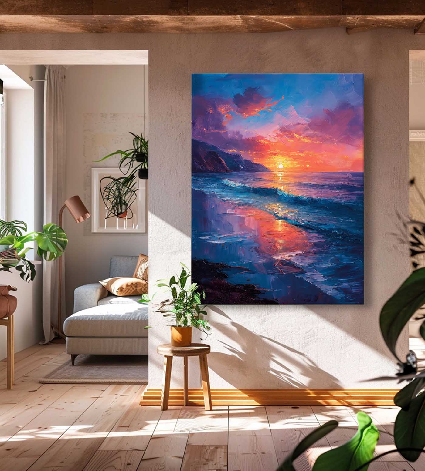 Vibrant Sunset Over Ocean Waves - Coastal Oil Painting for Beach Lovers