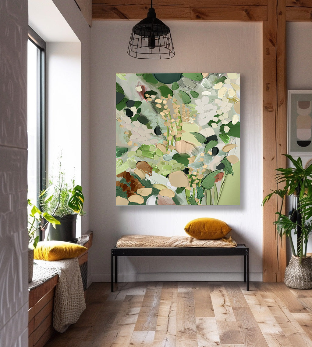 Delicate Floral Oil Painting for Elegant Home Decor in Soft Green Tones