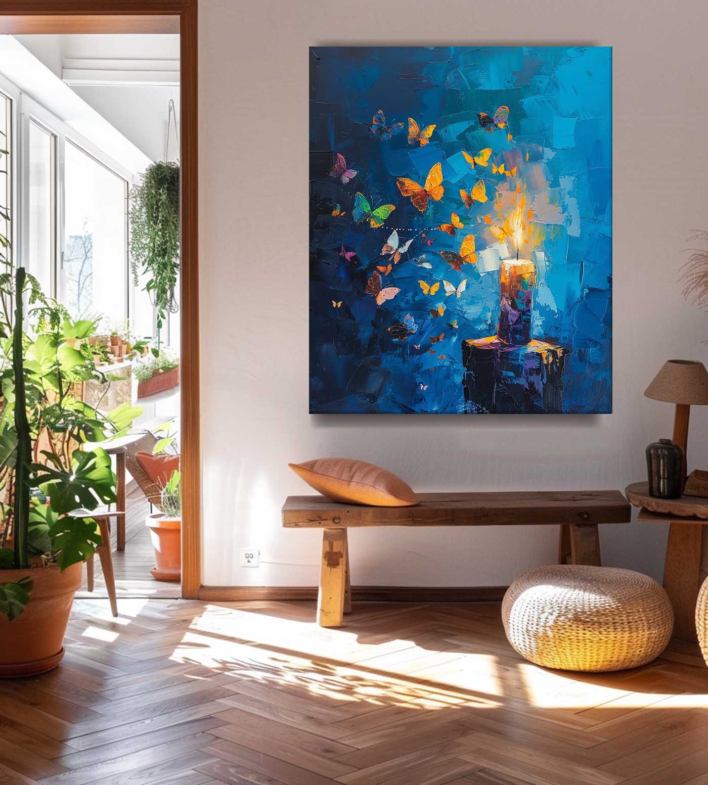 Colorful Butterflies and Candlelight Abstract Oil Painting