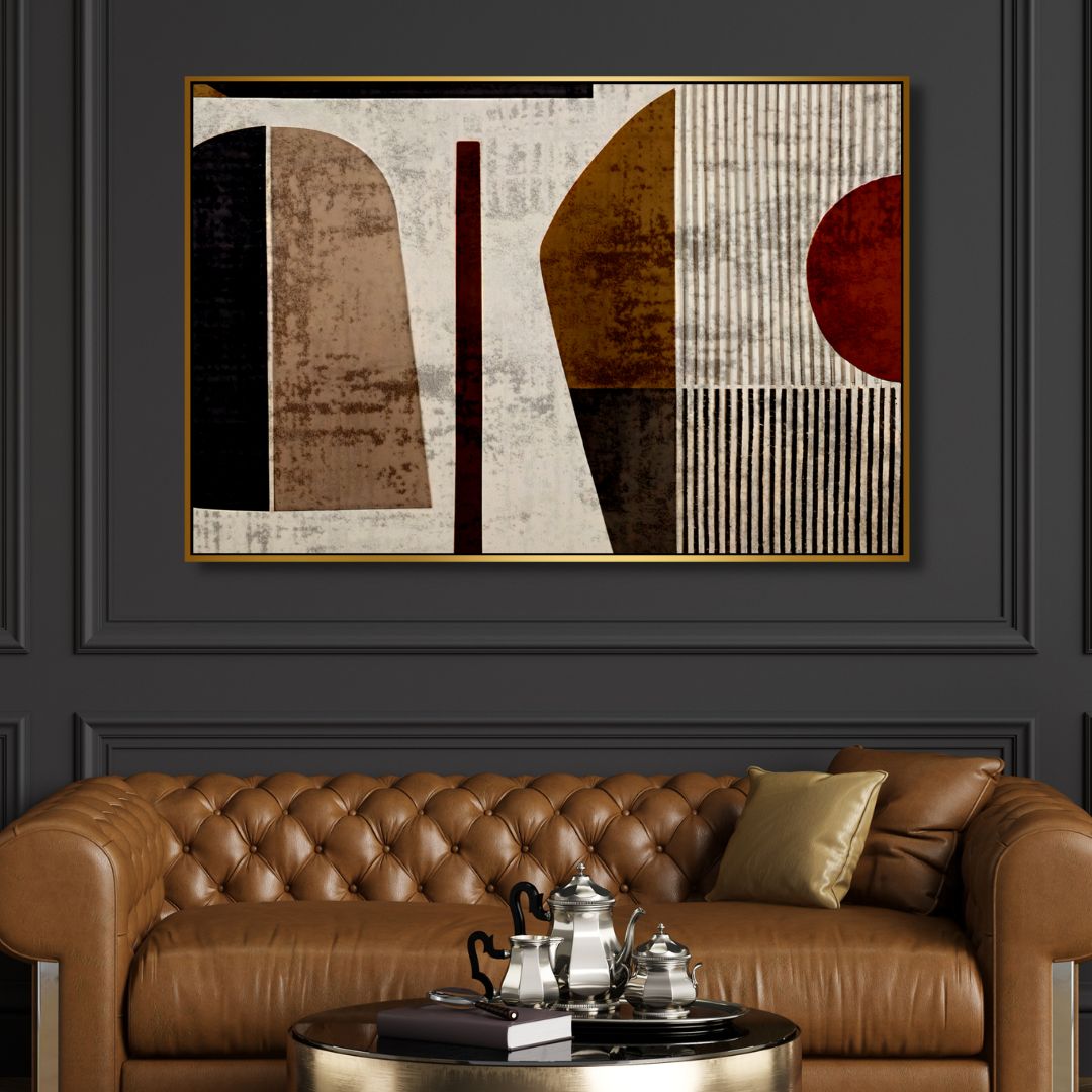 Geometric Abstract Oil Painting in Brown, Beige, and Burgundy Tones for Modern Decor