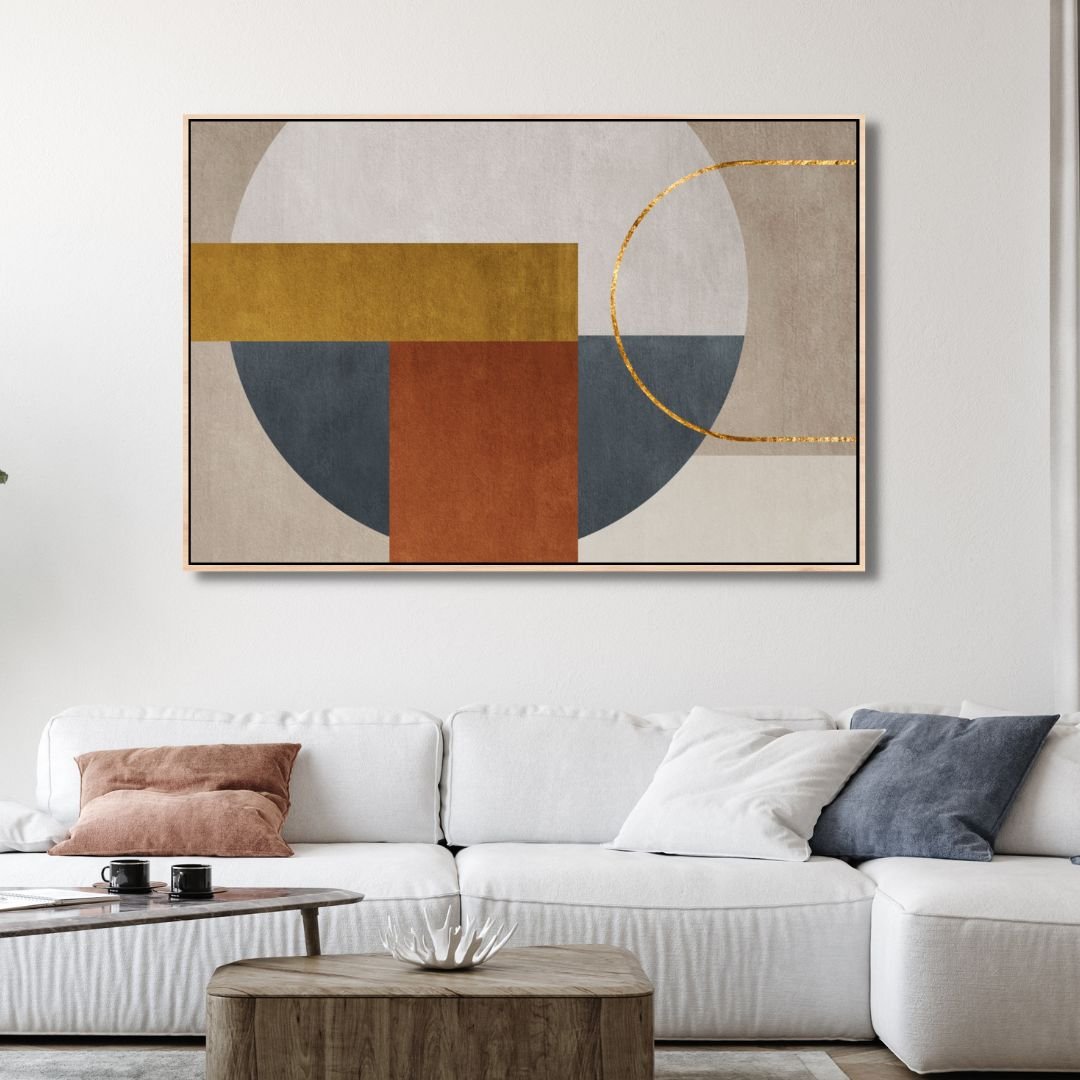 Modern Geometric Abstract Oil Painting in Brown, Gray, and Gold Tones for Stylish Interiors