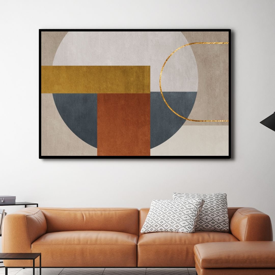 Modern Geometric Abstract Oil Painting in Brown, Gray, and Gold Tones for Stylish Interiors