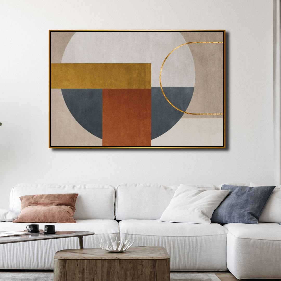 Modern Geometric Abstract Oil Painting in Brown, Gray, and Gold Tones for Stylish Interiors