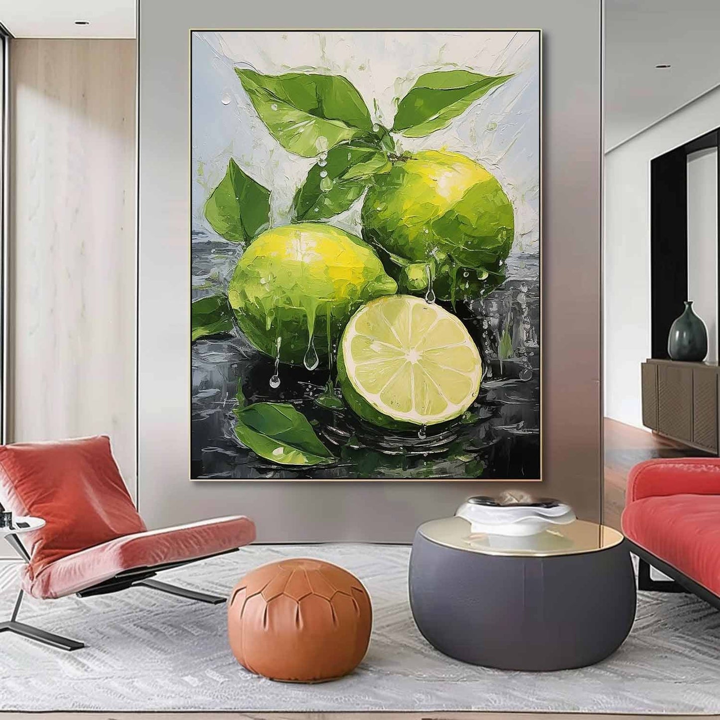 Vibrant Lemon Still Life Oil Painting with Fresh Leaves and Water Drops