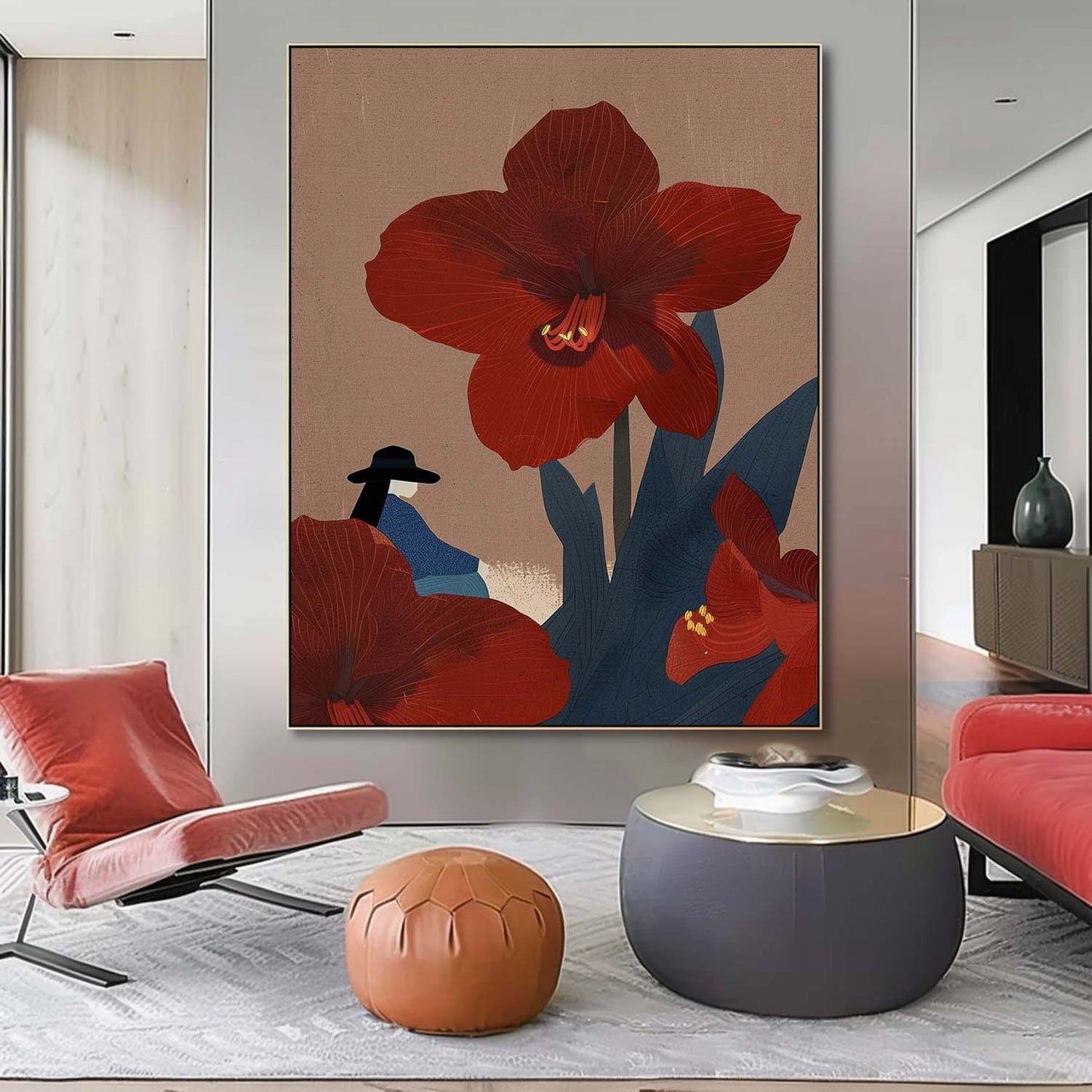 Elegant Red Flower Woman Oil Painting for Modern Home Decor