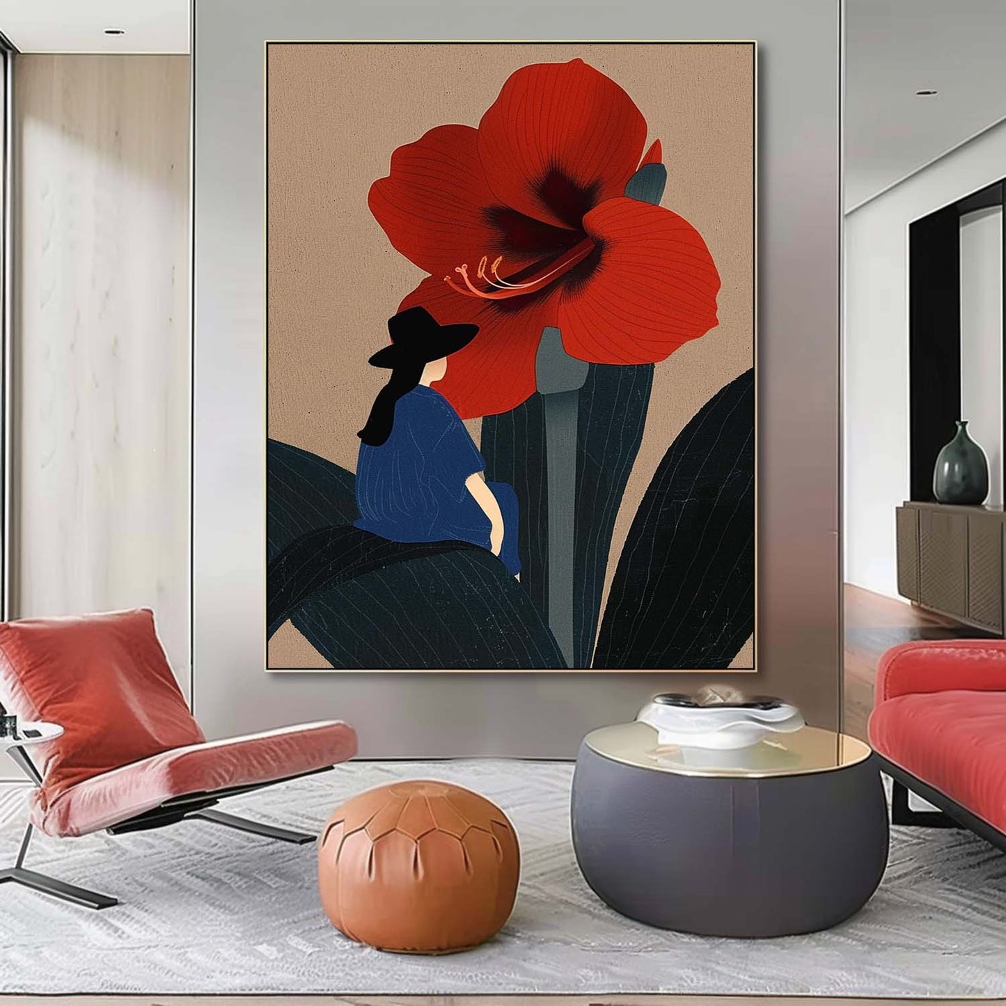 Charming Woman and Red Flower Oil Painting for Modern Home Decor