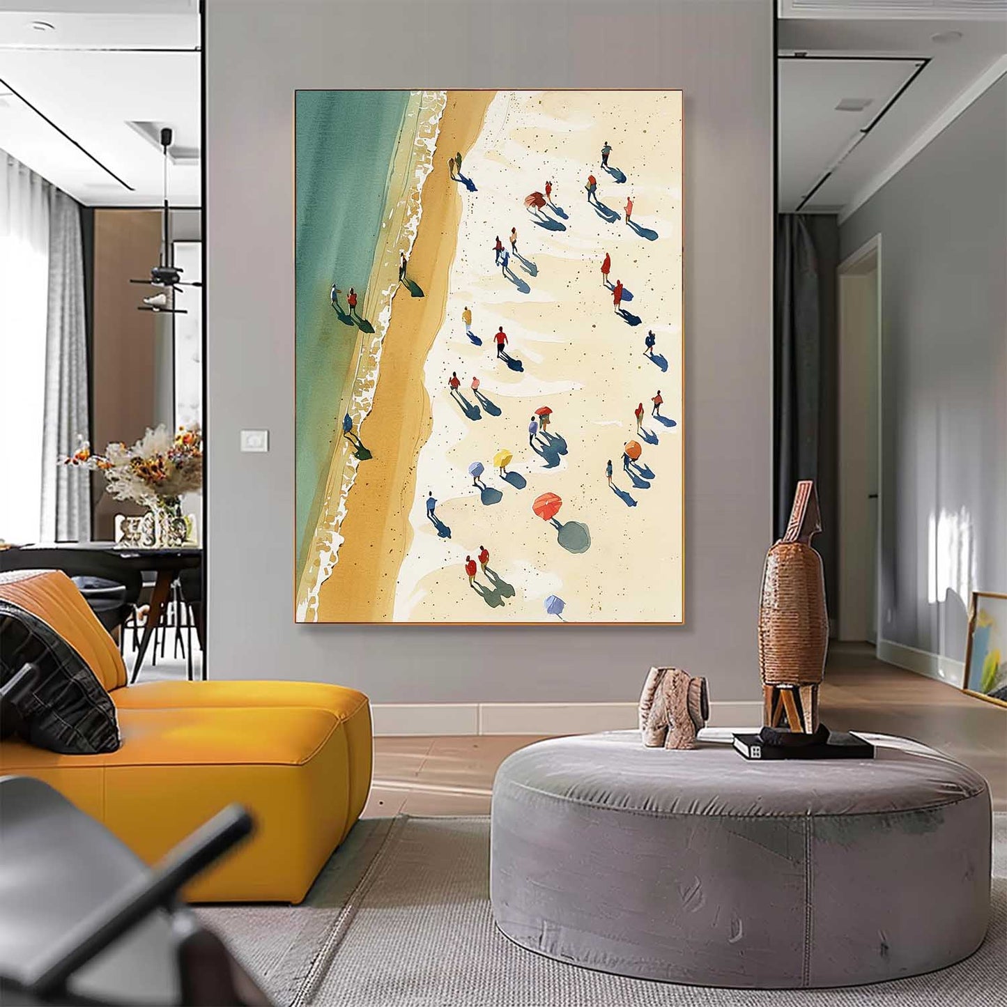 Coastal Serenity: Vibrant Oil Painting of a Beach Day with Ocean Waves and Sunbathers
