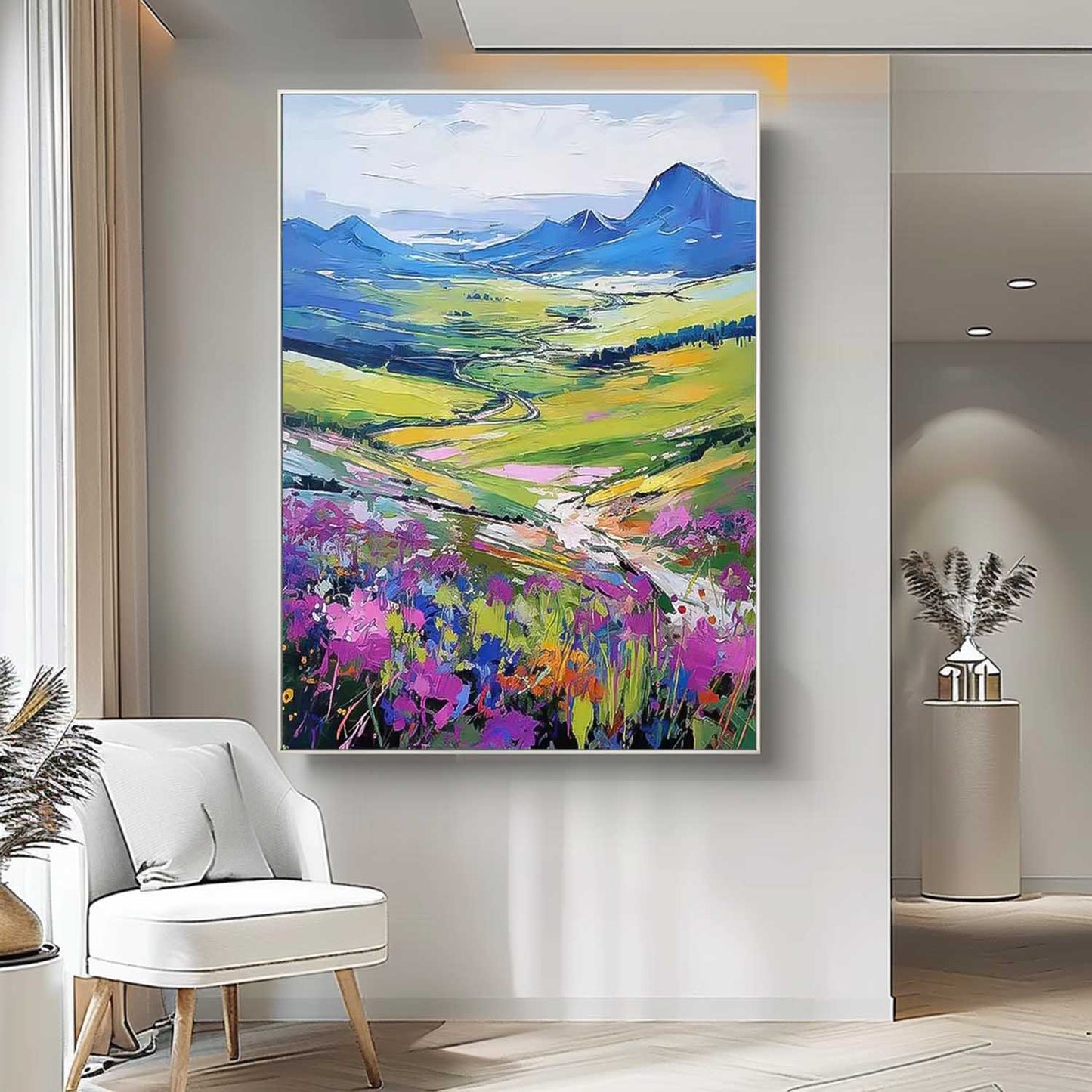 Vibrant Landscape Oil Painting with Colorful Flowers and Scenic Hillside View