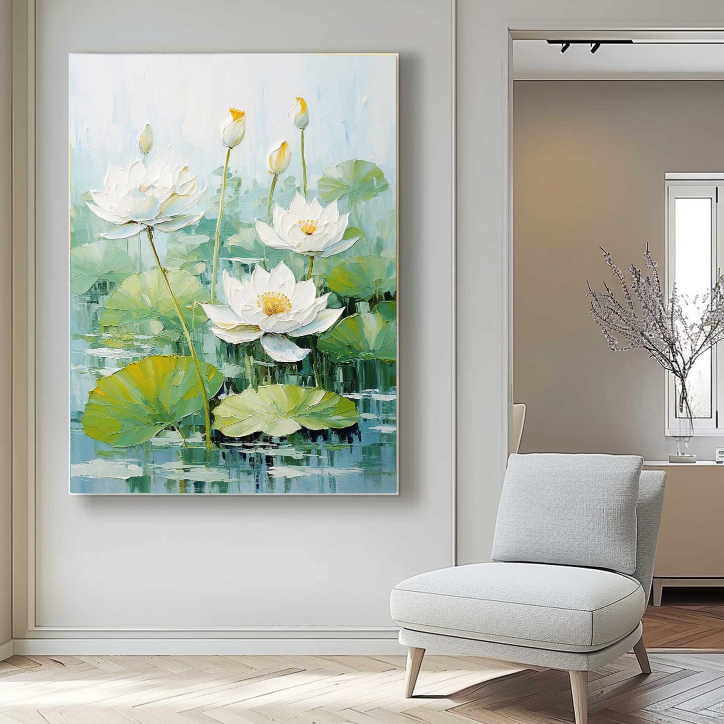 Lotus Blossom Oil Painting on Canvas - Tranquil Floral Art for Home Decor