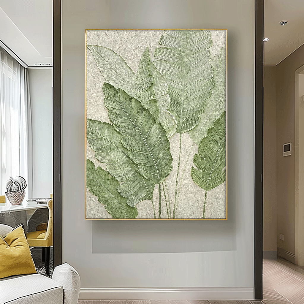Tropical Green Leaf Oil Painting for Home Decor and Wall Art