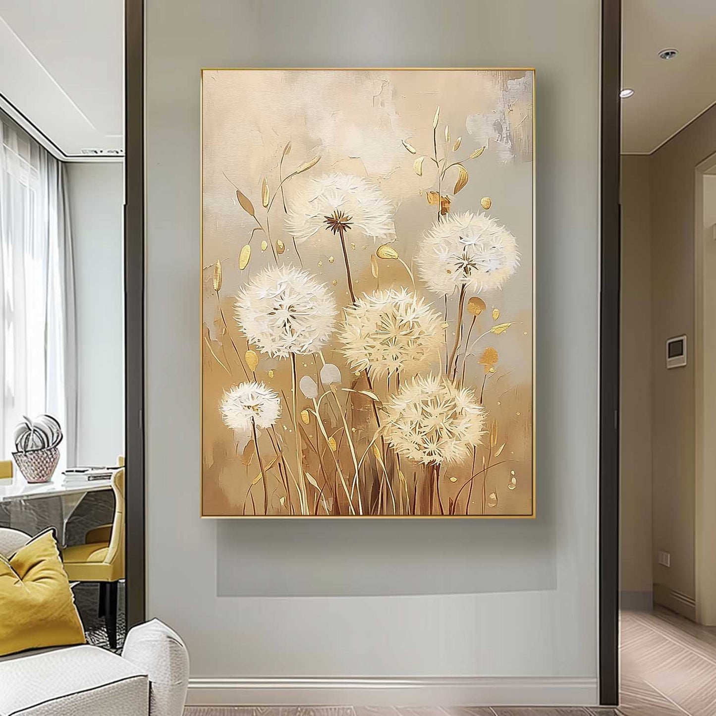 Elegant White Dandelion Flowers Oil Painting for Chic Home Decor