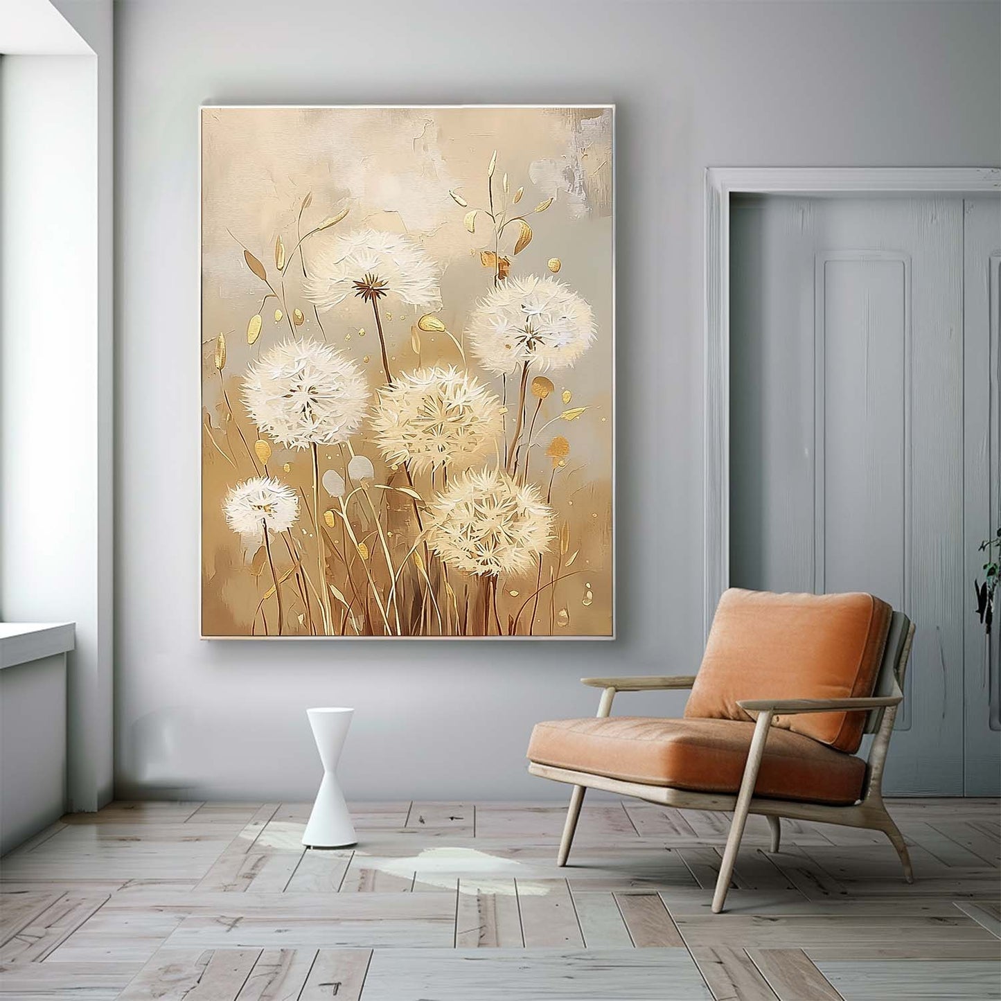 Elegant White Dandelion Flowers Oil Painting for Chic Home Decor