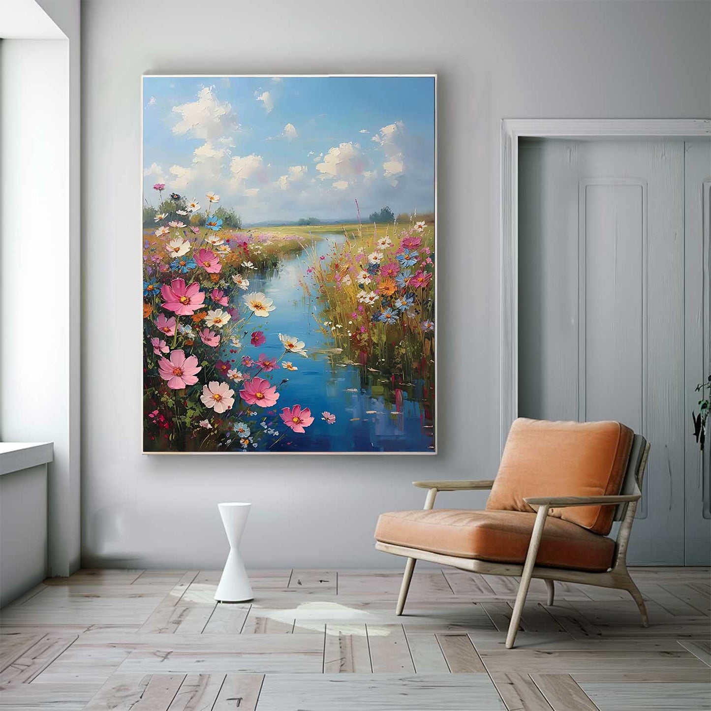 Vibrant Floral Landscape Oil Painting with Serene River and Blue Sky Art