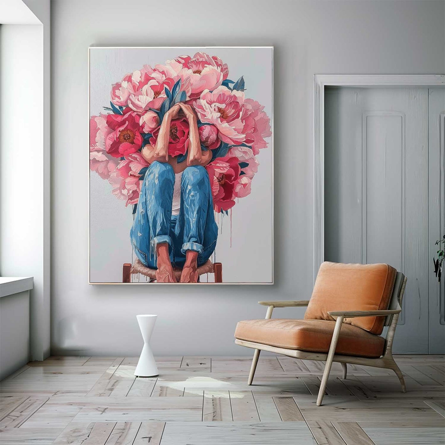 Floral Embrace: Vibrant Oil Painting of a Woman Surrounded by Blossoming Flowers