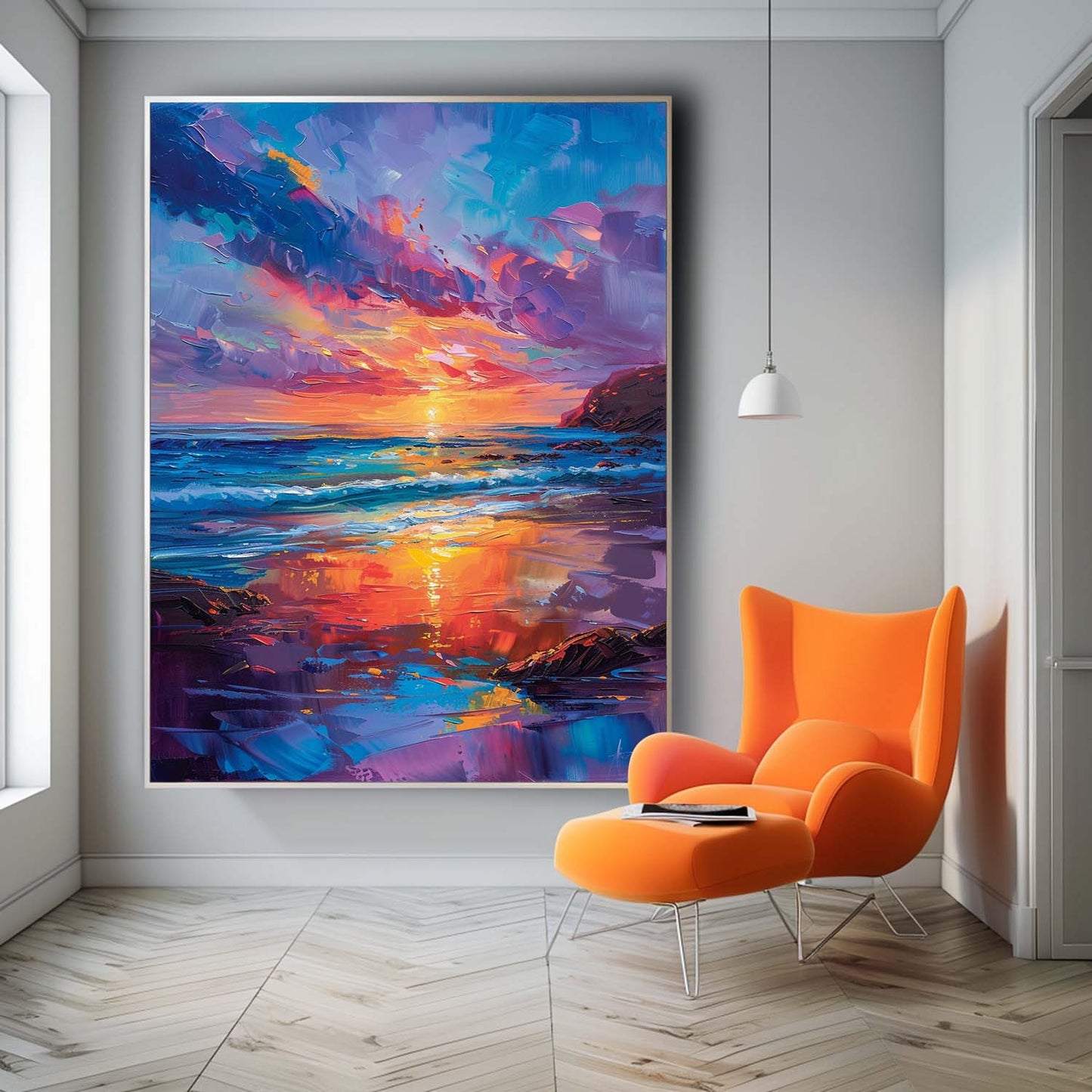 Vibrant Sunset Over Ocean Waves - Colorful Beach Oil Painting Wall Art