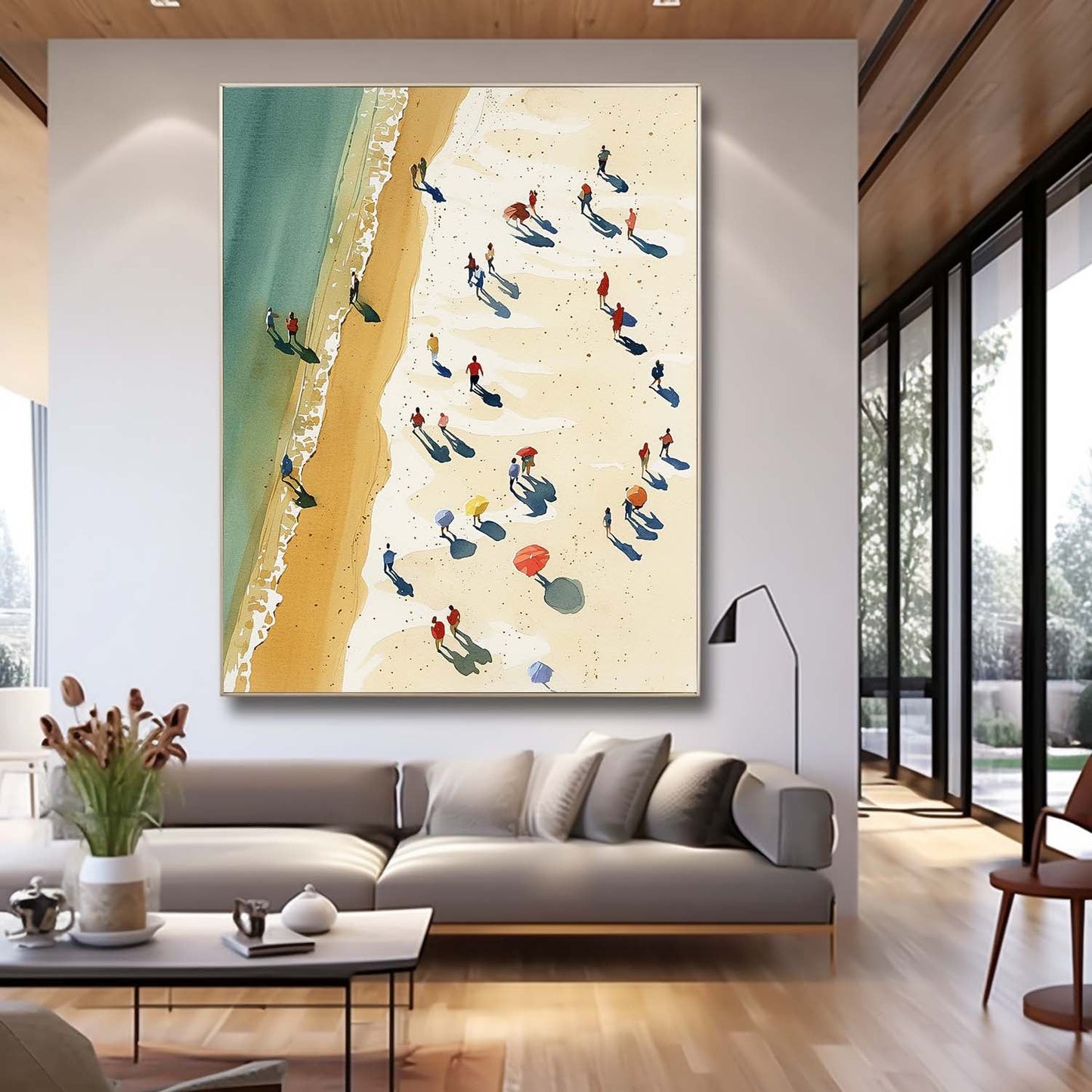Coastal Serenity: Vibrant Oil Painting of a Beach Day with Ocean Waves and Sunbathers