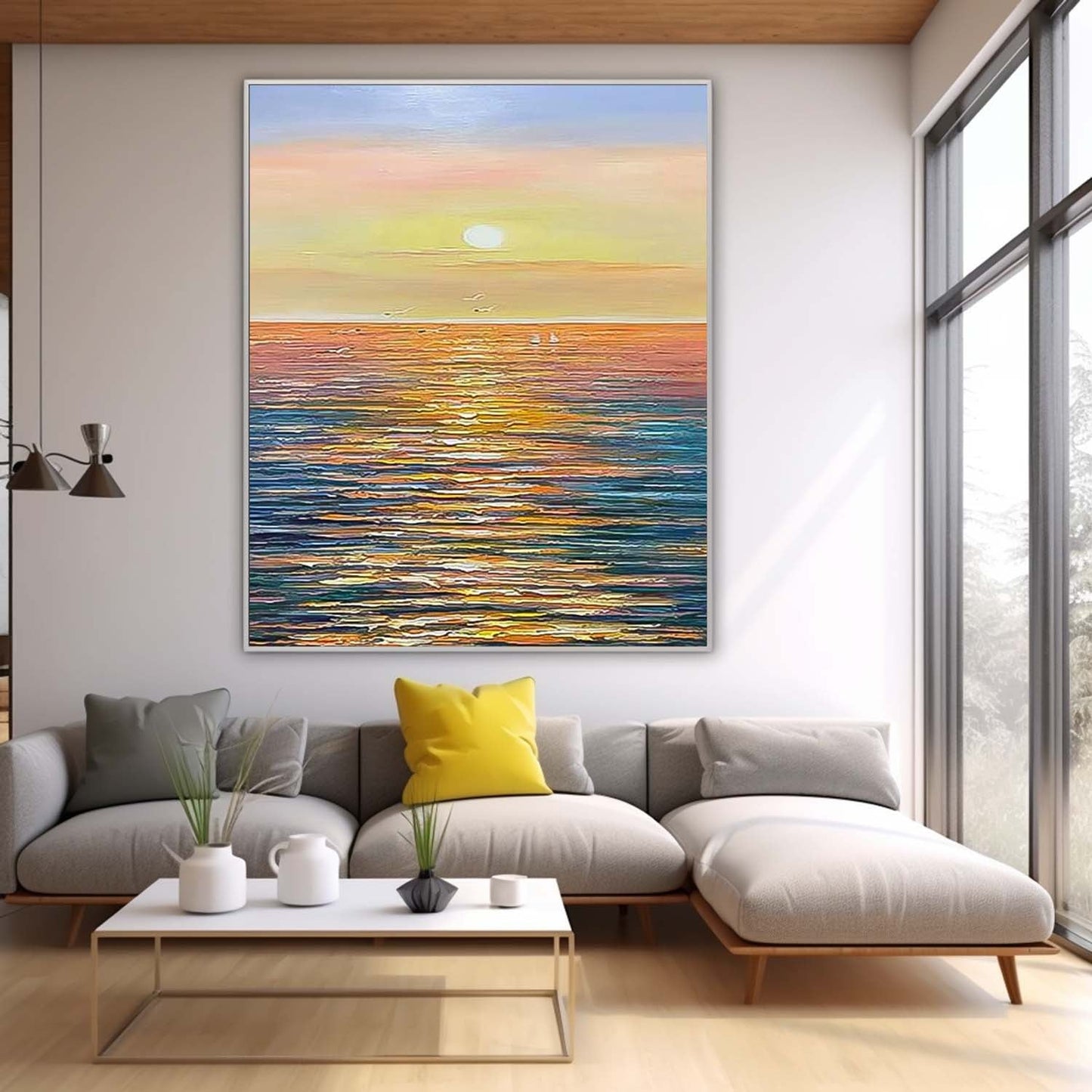 Serene Sunset Ocean View Oil Painting for Coastal Home Décor