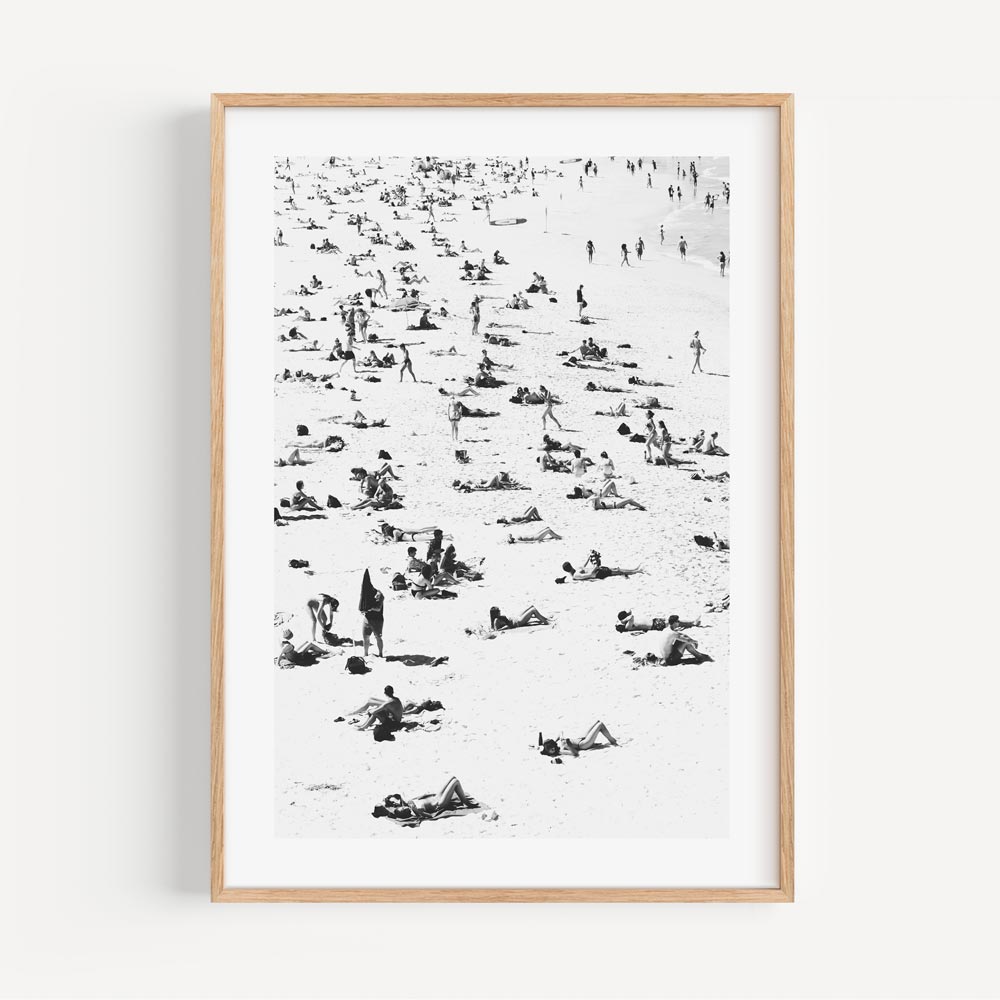 Beach Day Bliss: A Black and White Oil Painting of Sunbathers at Bondi Beach