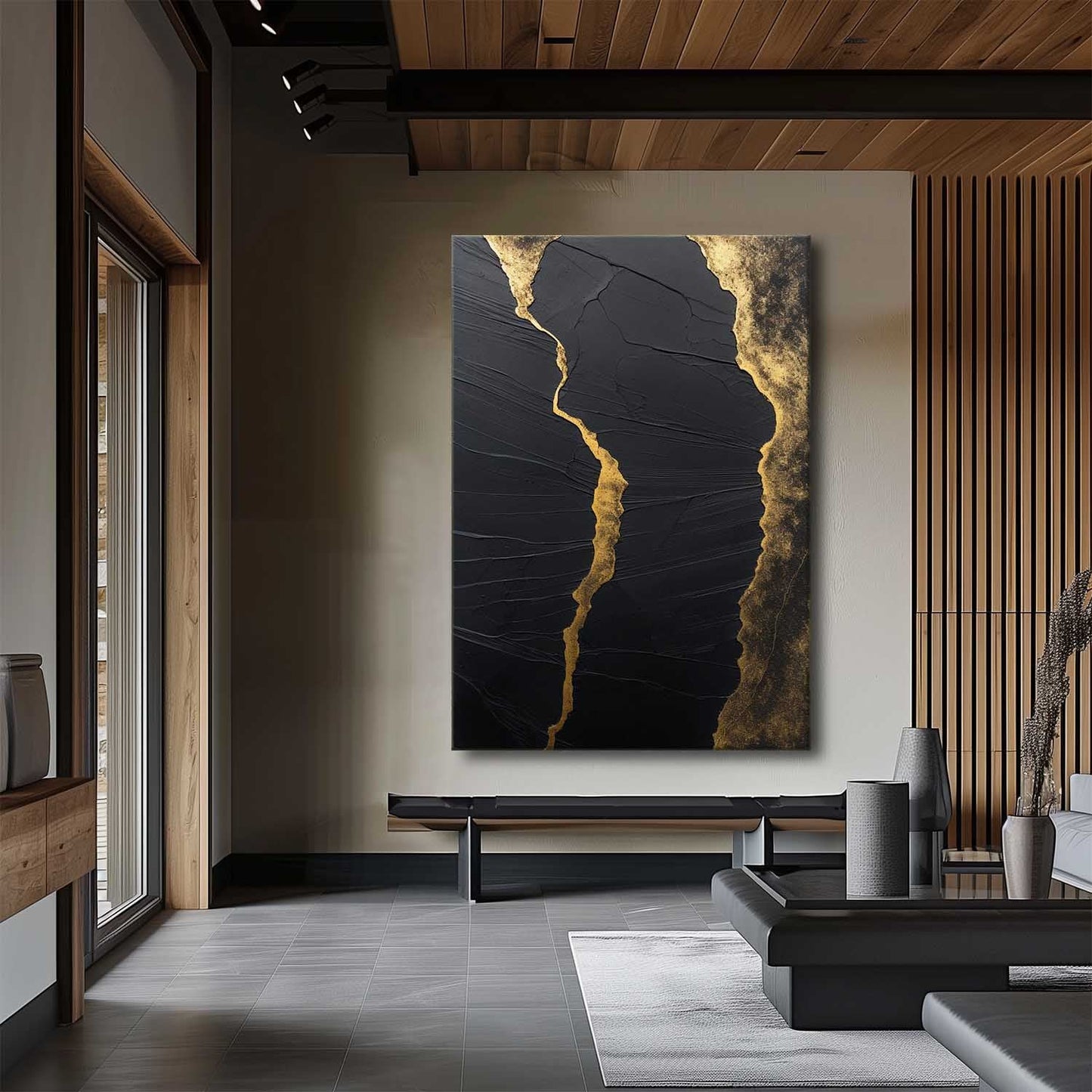 Elegant Black and Gold Minimalist Abstract Oil Painting for Modern Home Decor