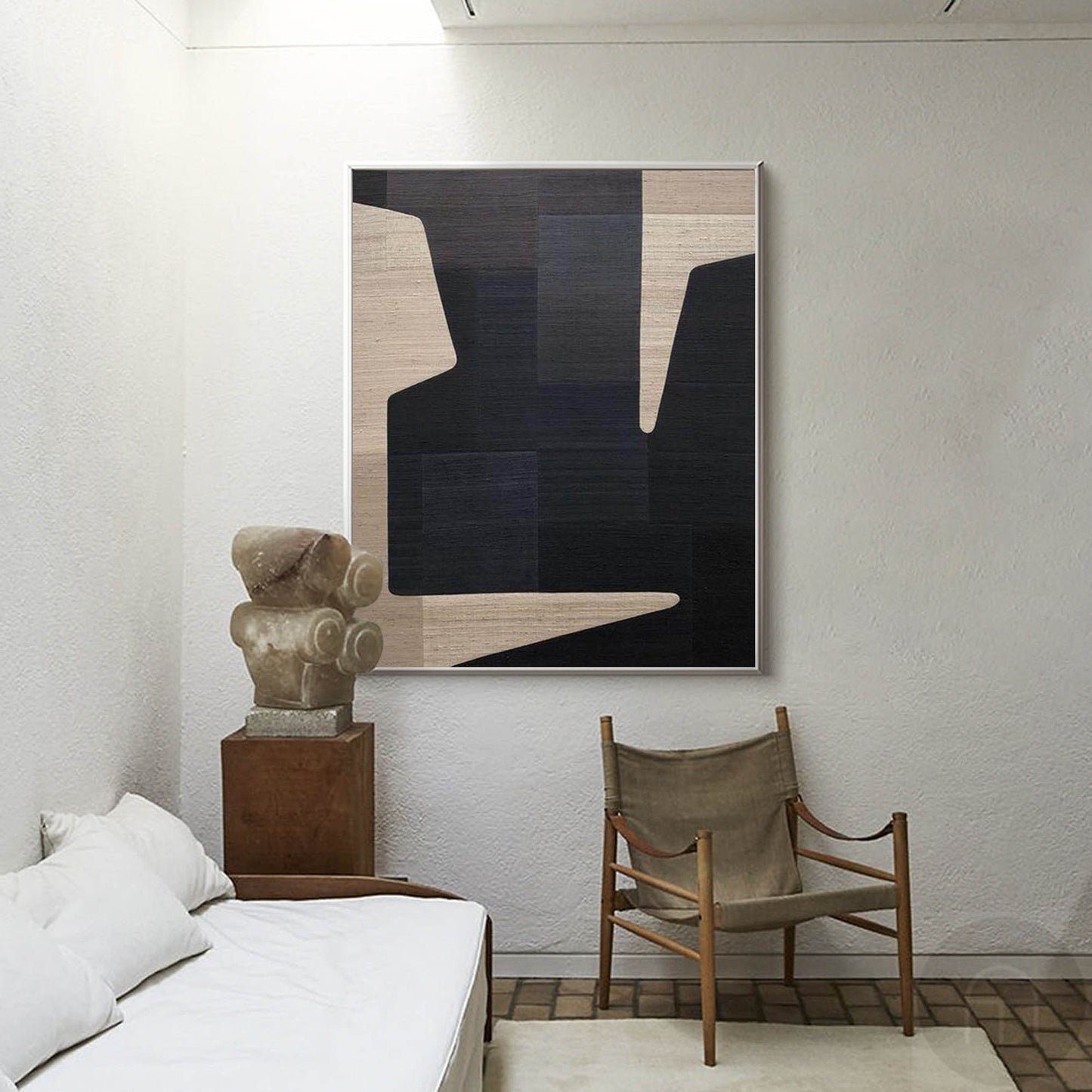 Contemporary Geometric Oil Painting in Bold Black and Neutral Tones for Modern Decor