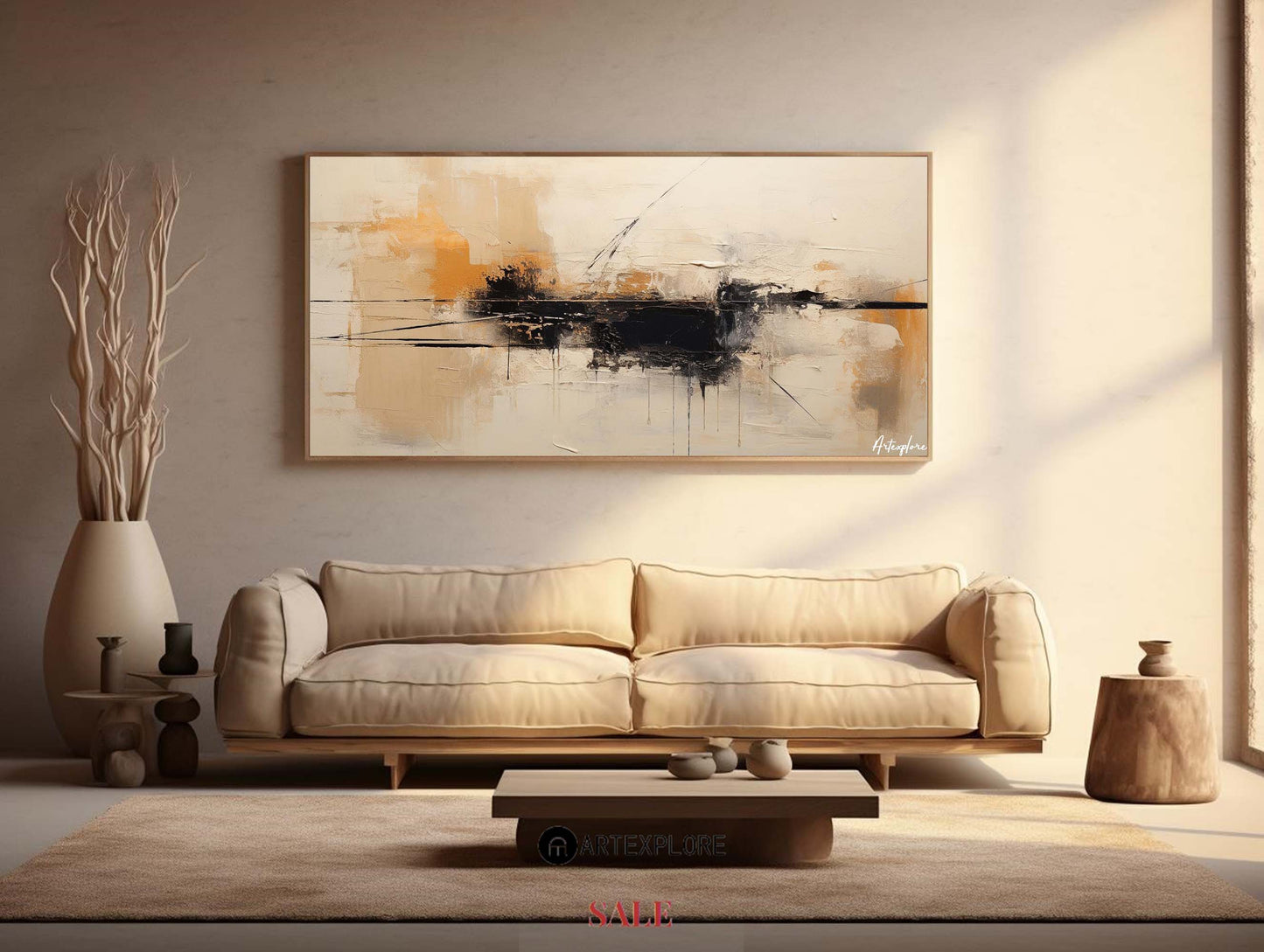 Contemporary Abstract Oil Painting in Warm Tones and Bold Black Accents