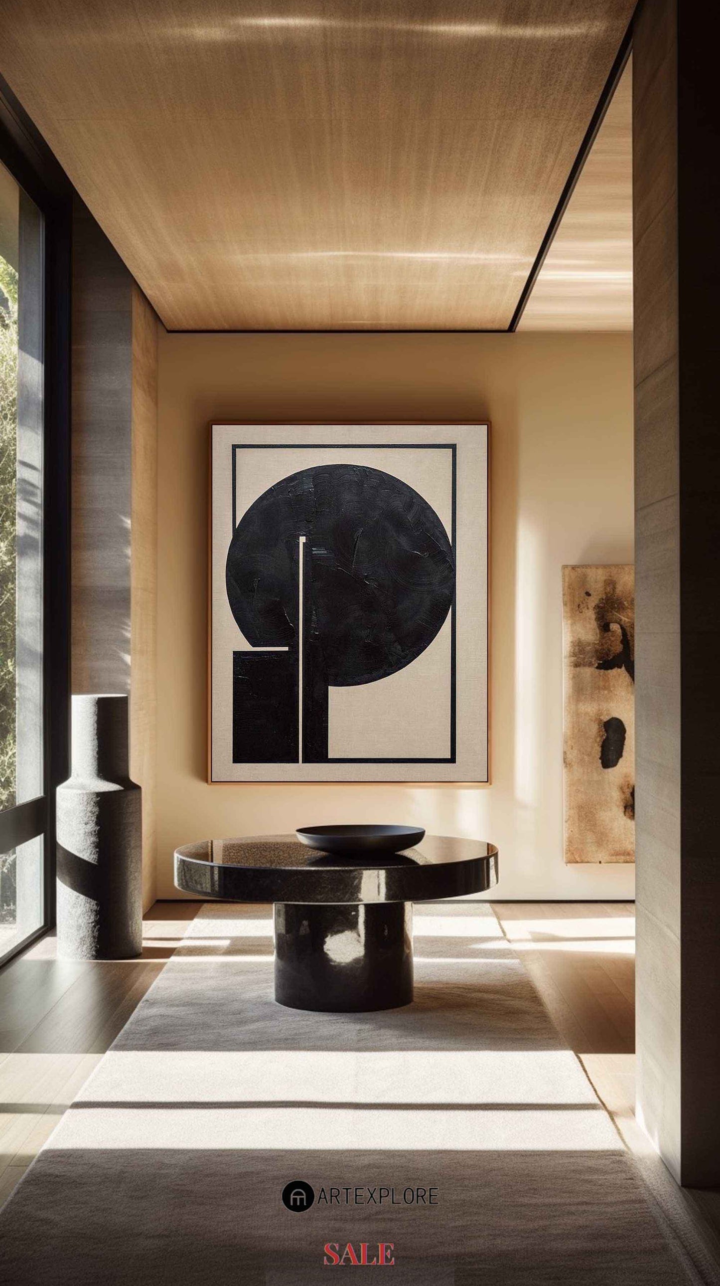 Bold Black Circle Modern Abstract Oil Painting for Contemporary Home Decor