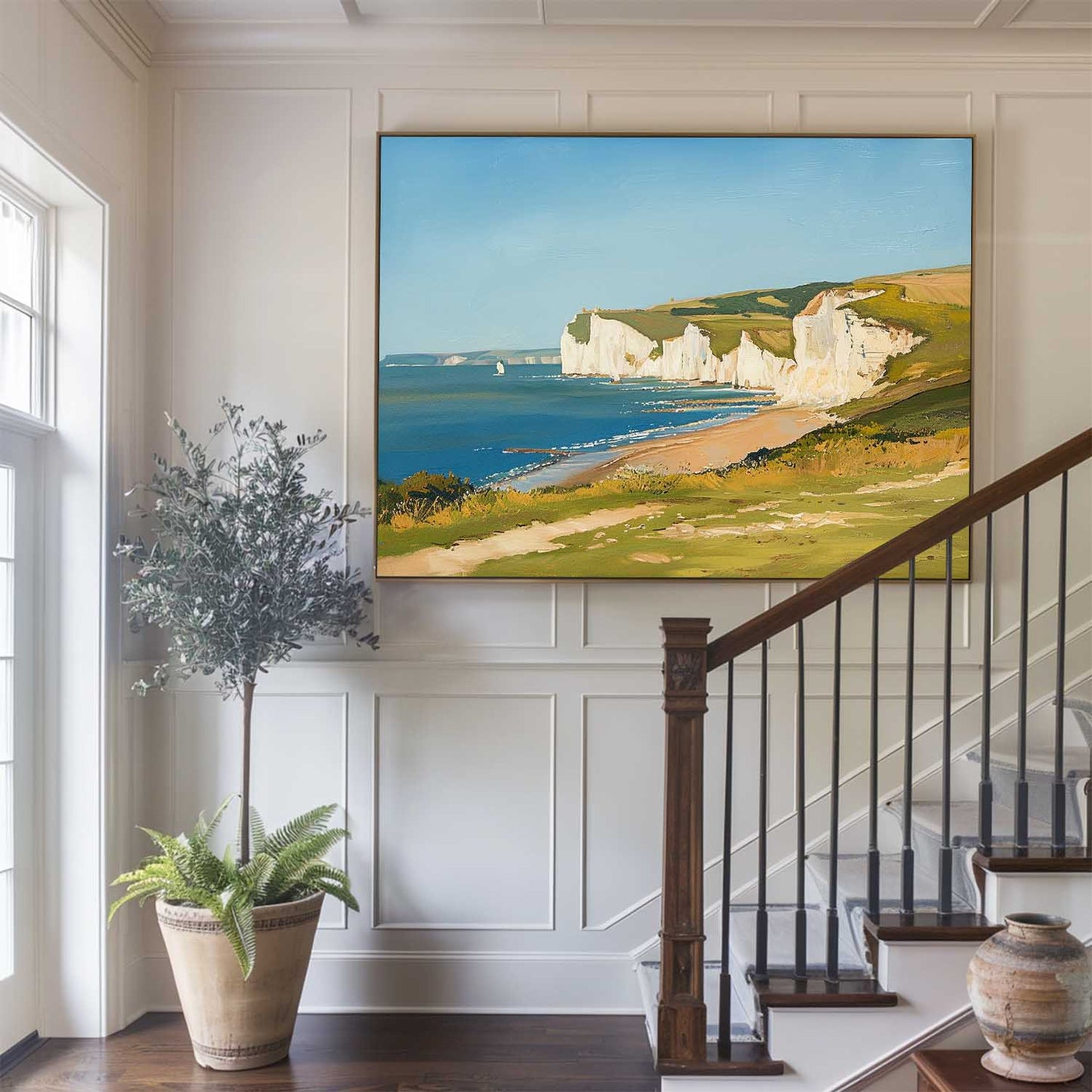 Coastal Serenity: Vibrant Oil Painting of Cliffs and Ocean