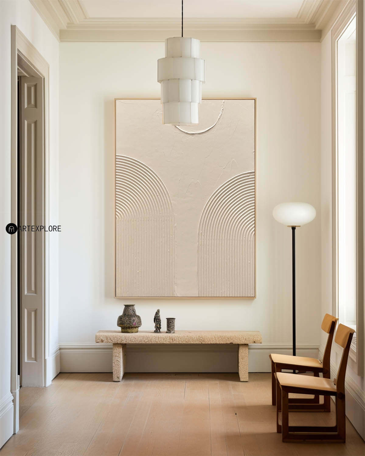 Modern Beige Abstract Oil Painting with Textured Lines and Minimalist Design