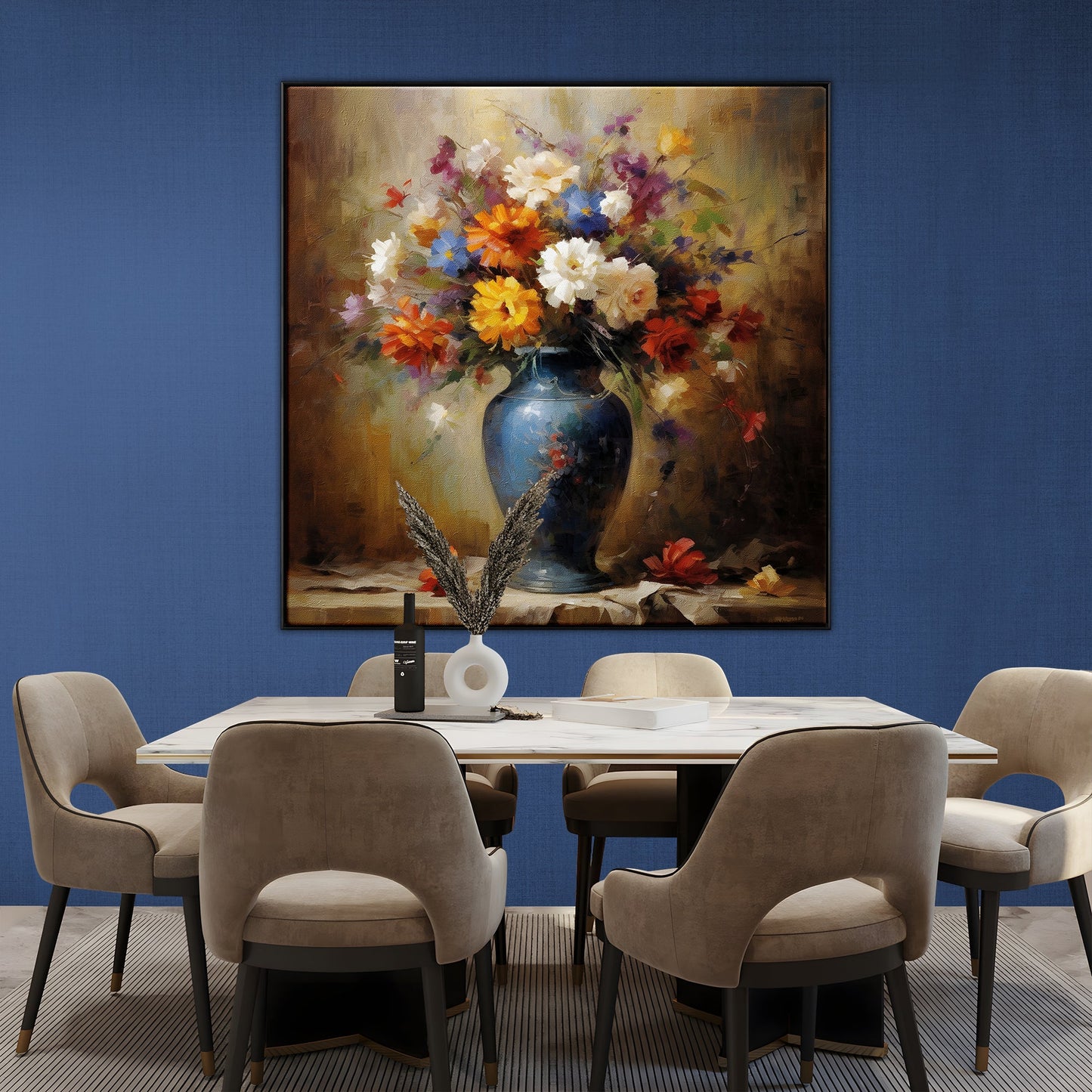 Colorful Autumn Floral Bouquet Oil Painting in Blue Vase for Home Decor