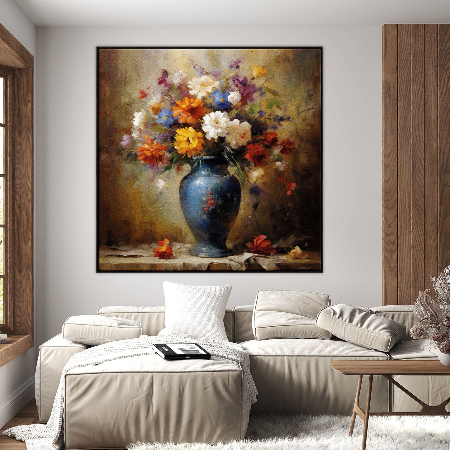 Colorful Autumn Floral Bouquet Oil Painting in Blue Vase for Home Decor