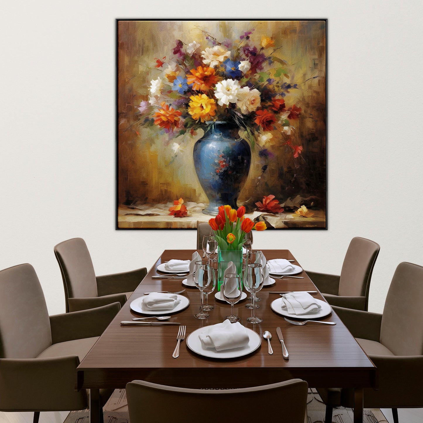 Colorful Autumn Floral Bouquet Oil Painting in Blue Vase for Home Decor