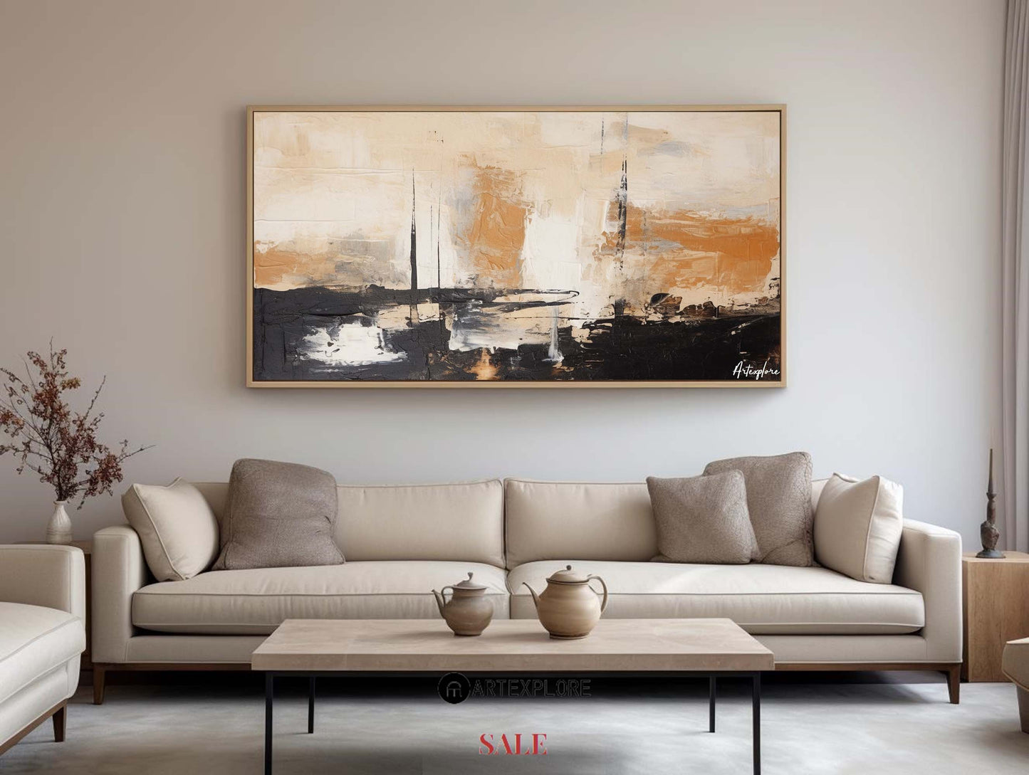 Contemporary Black and Beige Abstract Oil Painting for Modern Decor