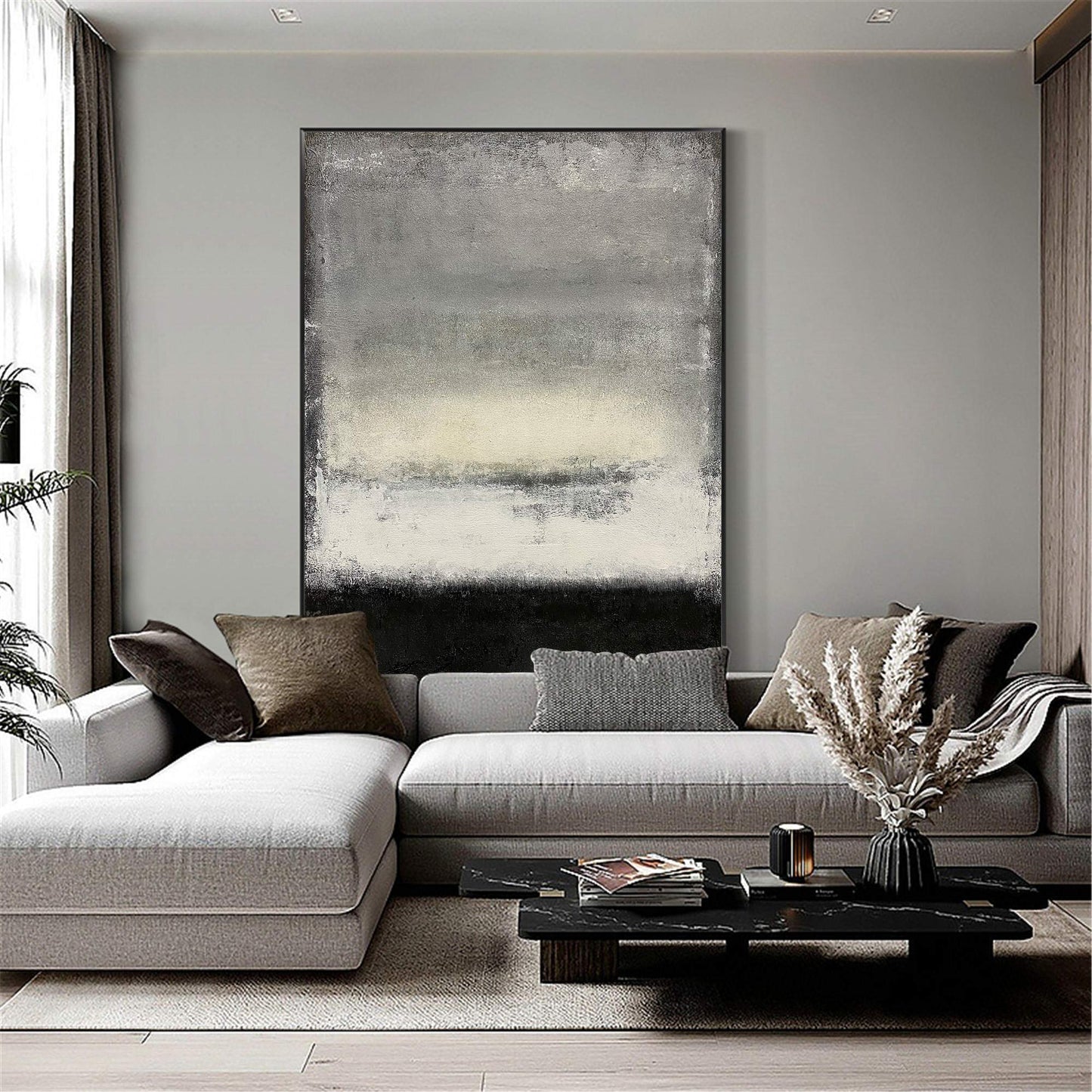 Contemporary Black, White, and Grey Abstract Oil Painting for Modern Decor