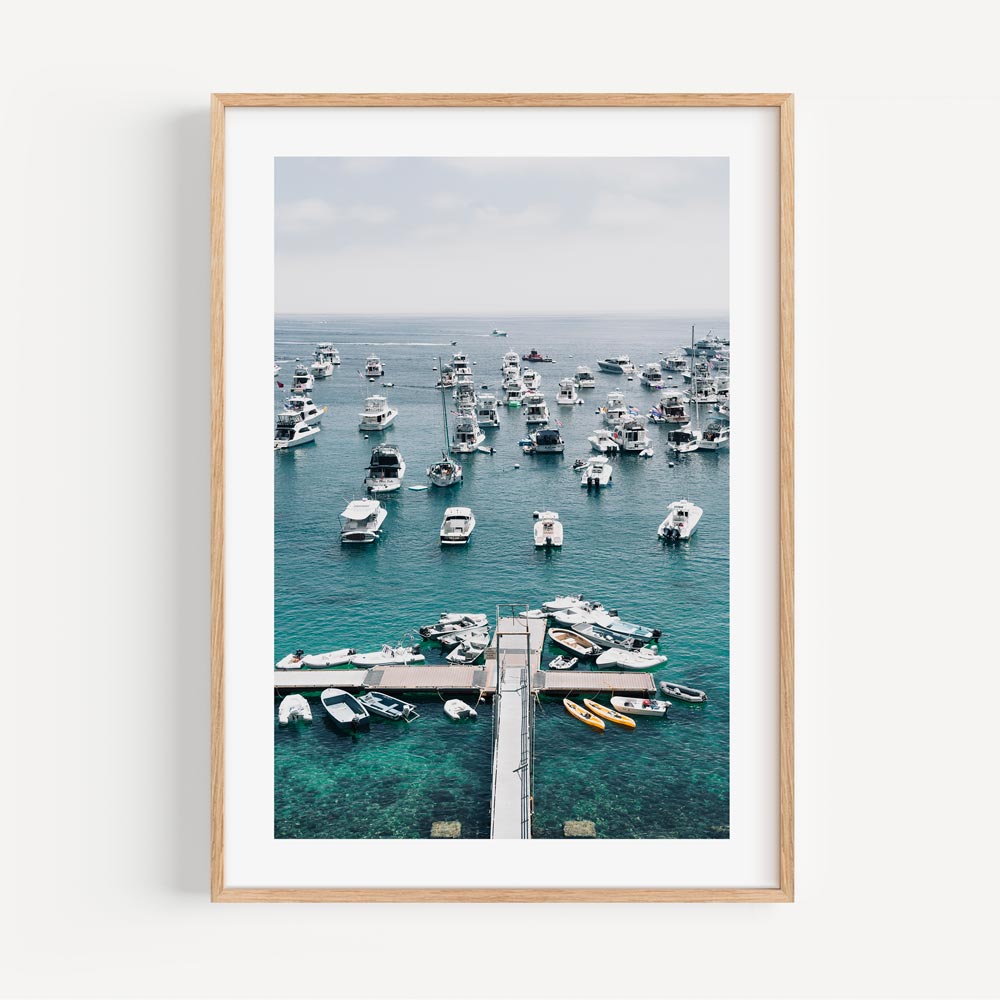 Serene Catalina Jetty Oil Painting with Boats and Tranquil Waters
