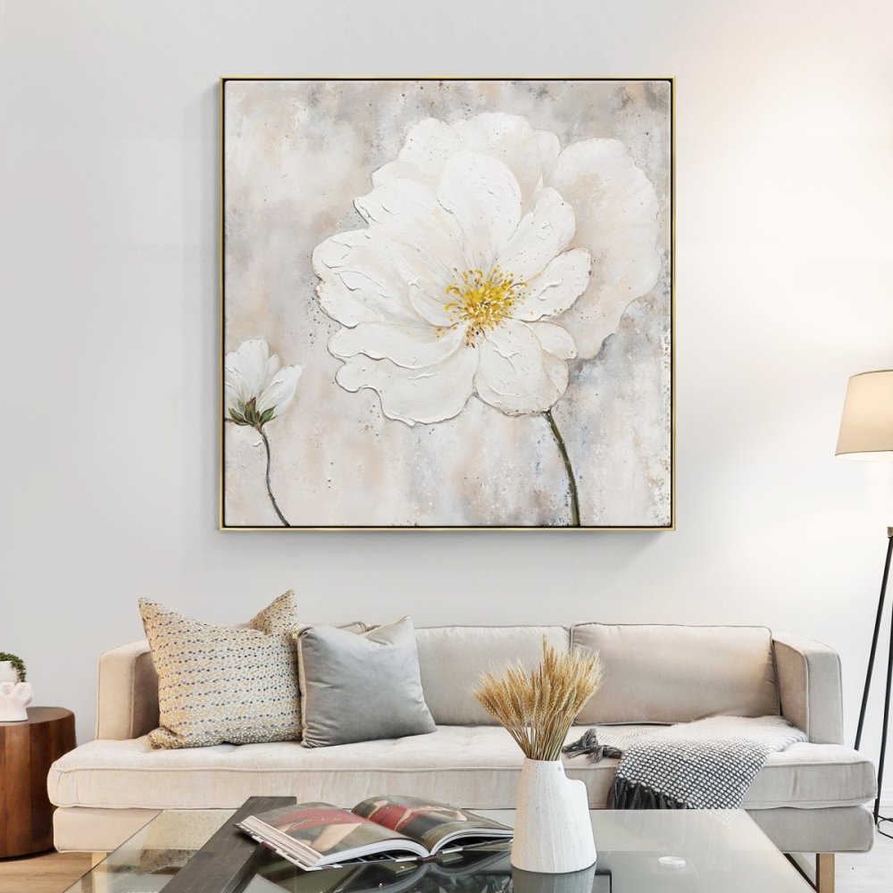 Elegant White Flower Oil Painting with Sunlit Background for Home Decor