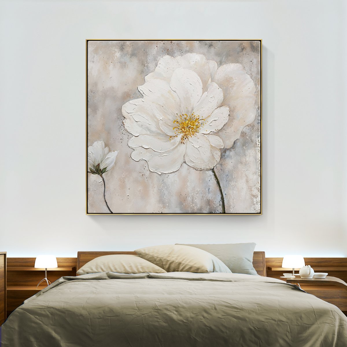 Elegant White Flower Oil Painting with Sunlit Background for Home Decor
