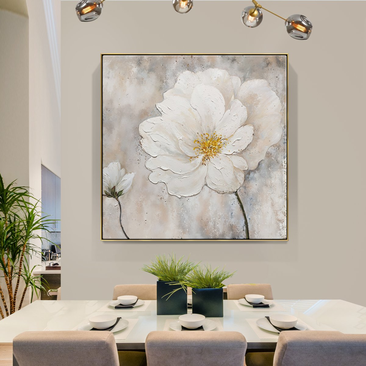 Elegant White Flower Oil Painting with Sunlit Background for Home Decor