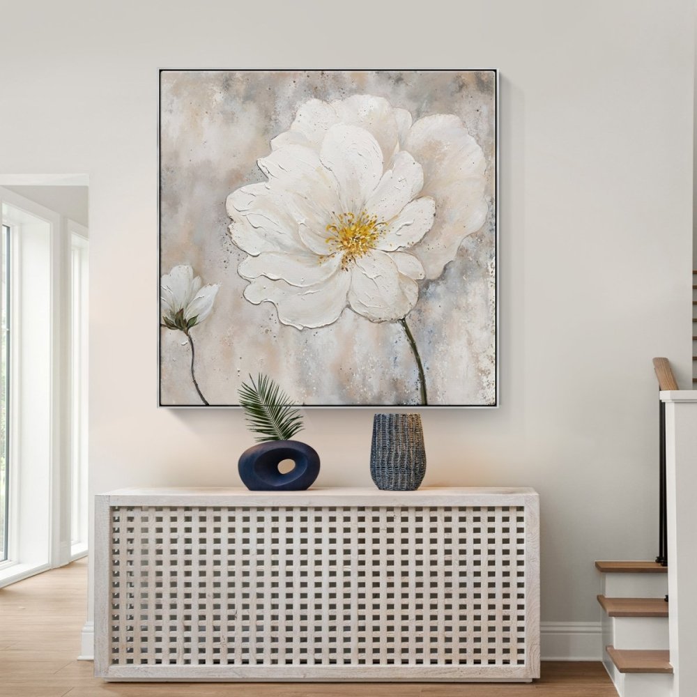 Elegant White Flower Oil Painting with Sunlit Background for Home Decor