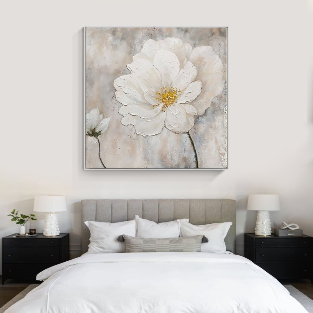 Elegant White Flower Oil Painting with Sunlit Background for Home Decor