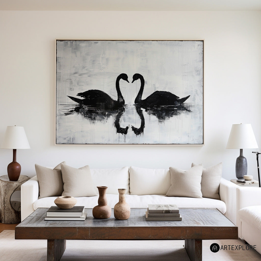 Elegant Black Swans Reflecting on Serene Water - Modern Abstract Oil Painting