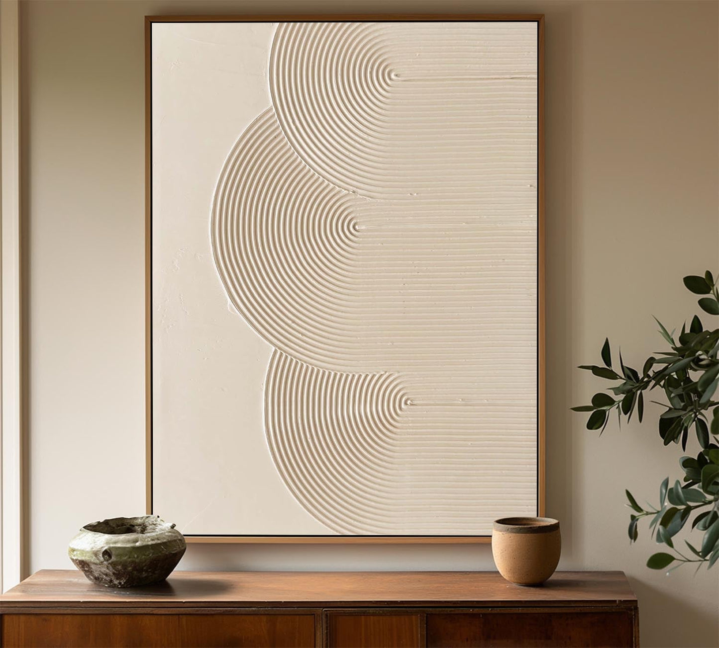 Minimalist Beige Abstract Oil Painting with Geometric Lines for Modern Decor