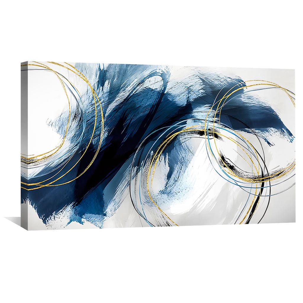 Abstract Blue Waves Oil Painting with Golden Accents for Modern Decor
