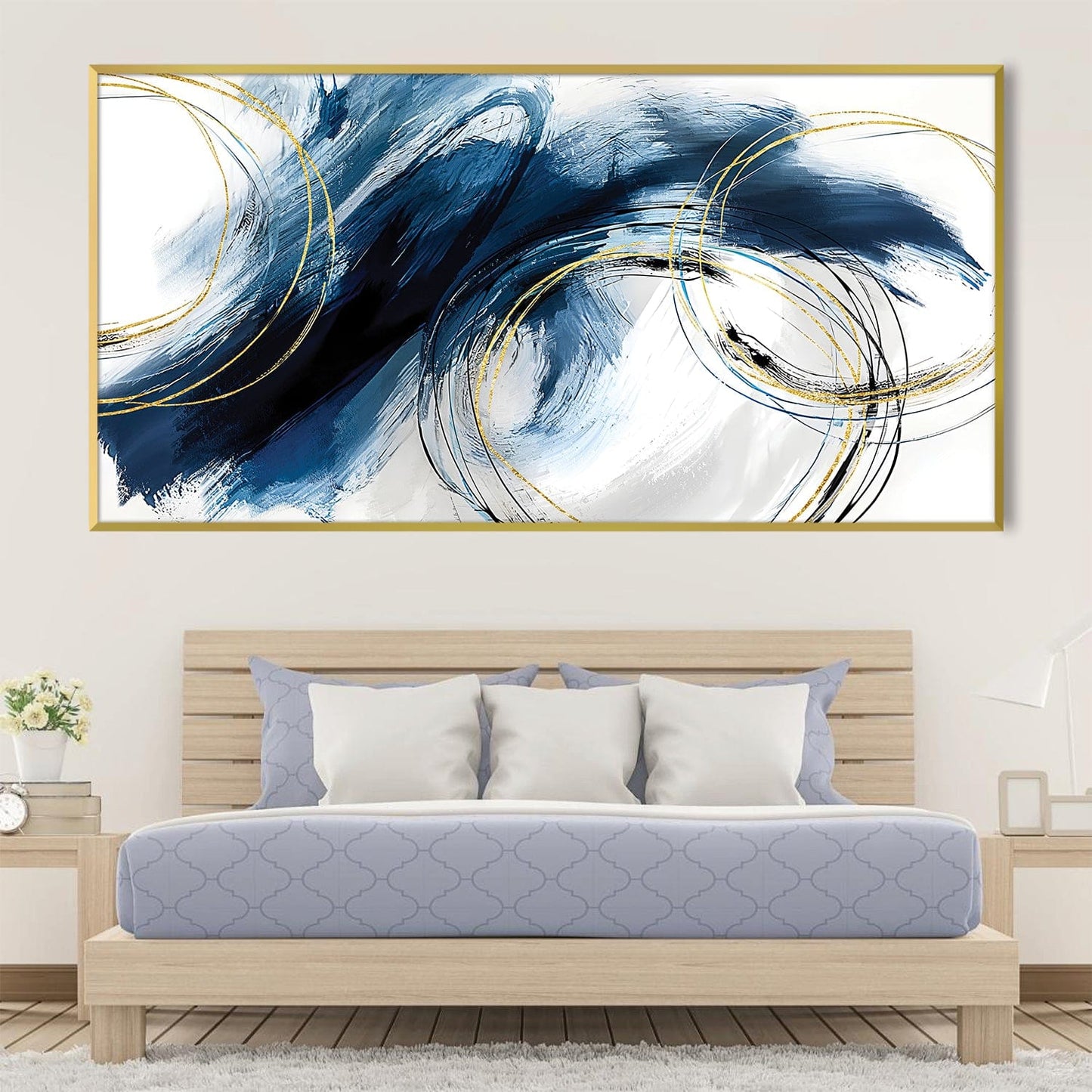 Abstract Blue Waves Oil Painting with Golden Accents for Modern Decor