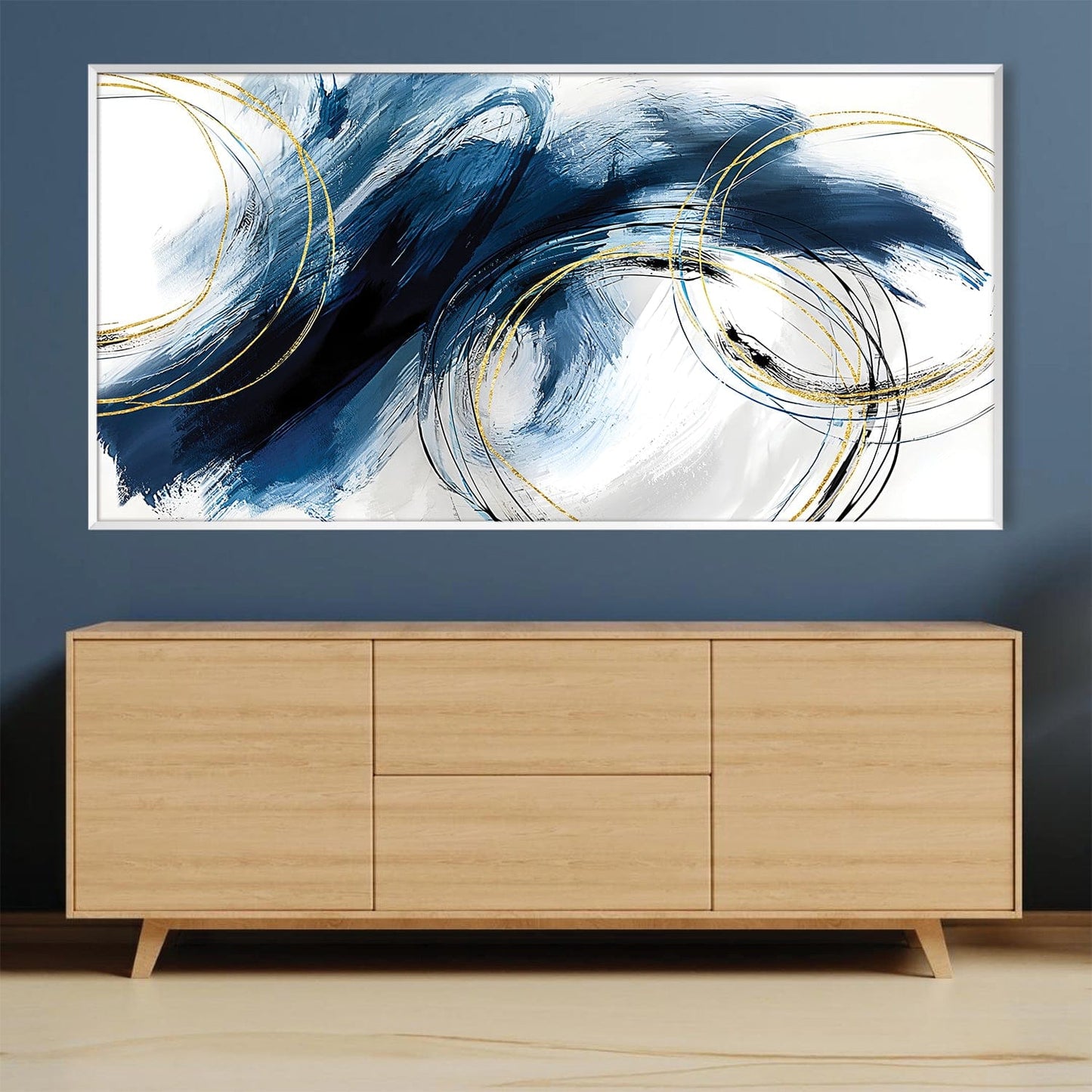 Abstract Blue Waves Oil Painting with Golden Accents for Modern Decor