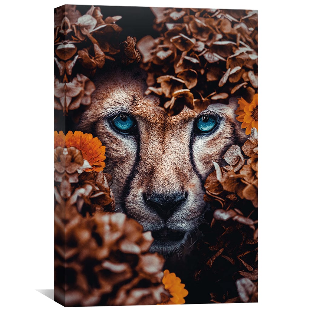 Majestic Cheetah in Lush Floral Surroundings - Stunning Oil Canvas Art