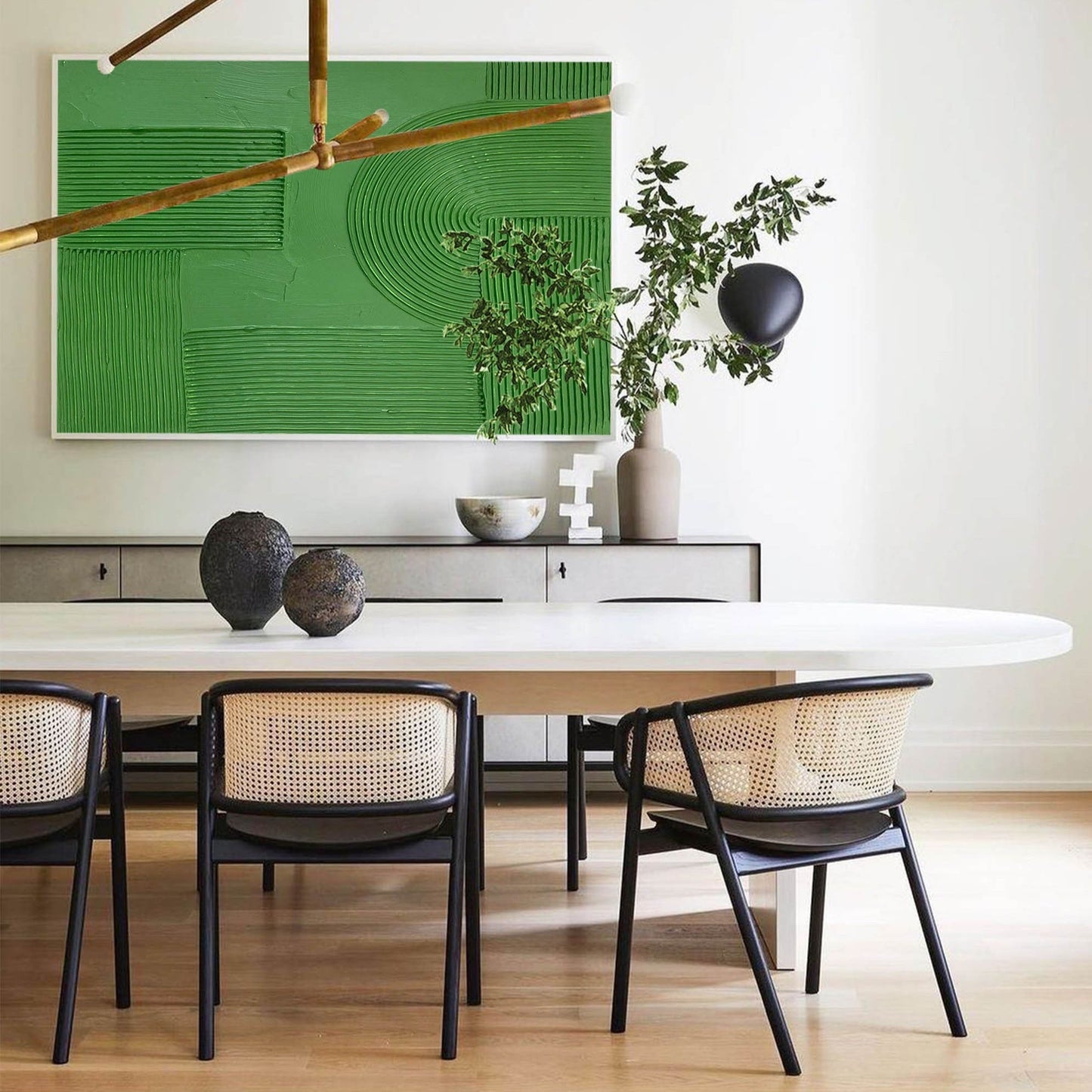 Abstract Green Oil Painting with Textured Minimalist Design for Modern Decor