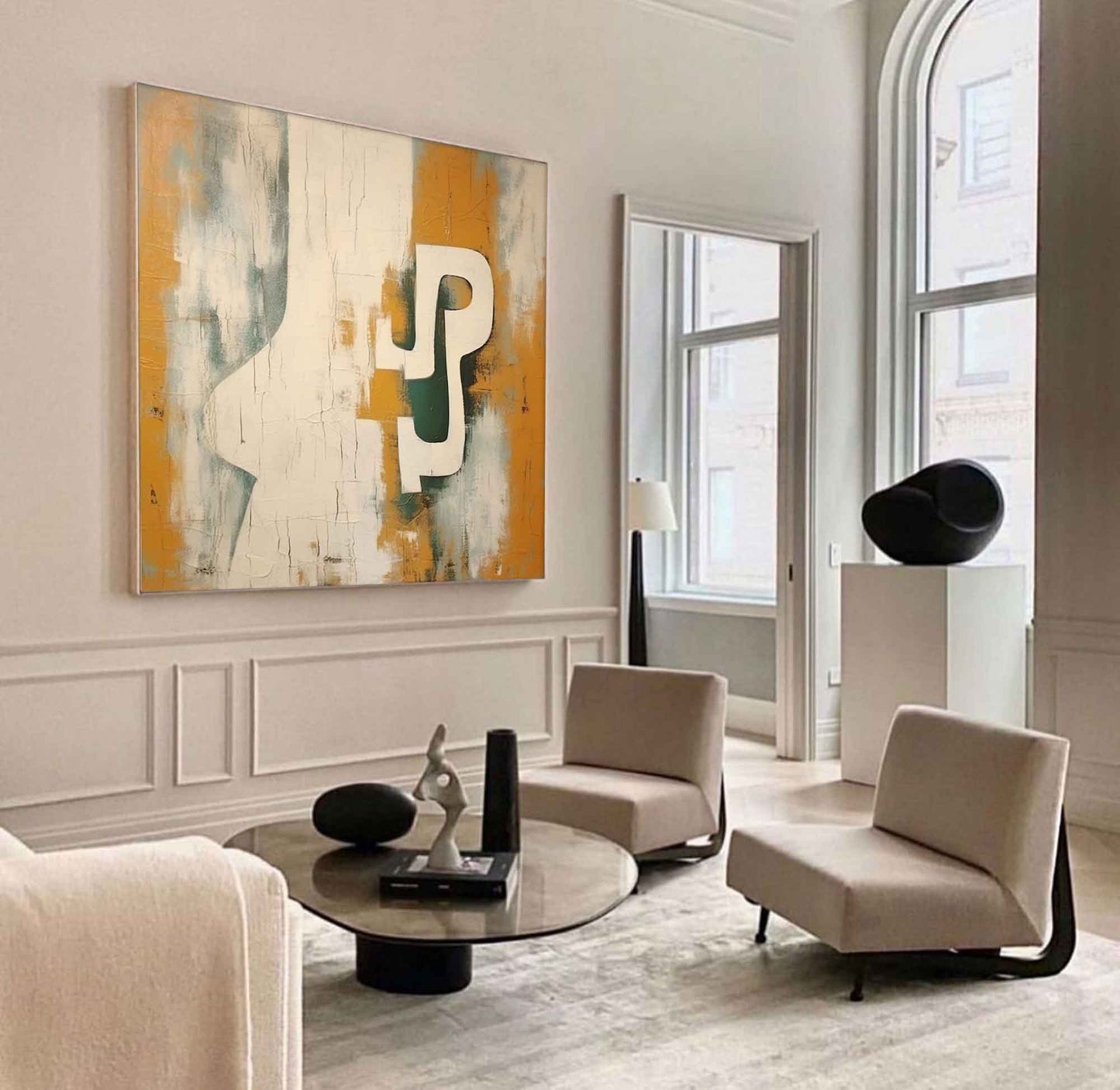 Contemporary Minimalist Oil Painting with Bold Shapes and Earthy Tones