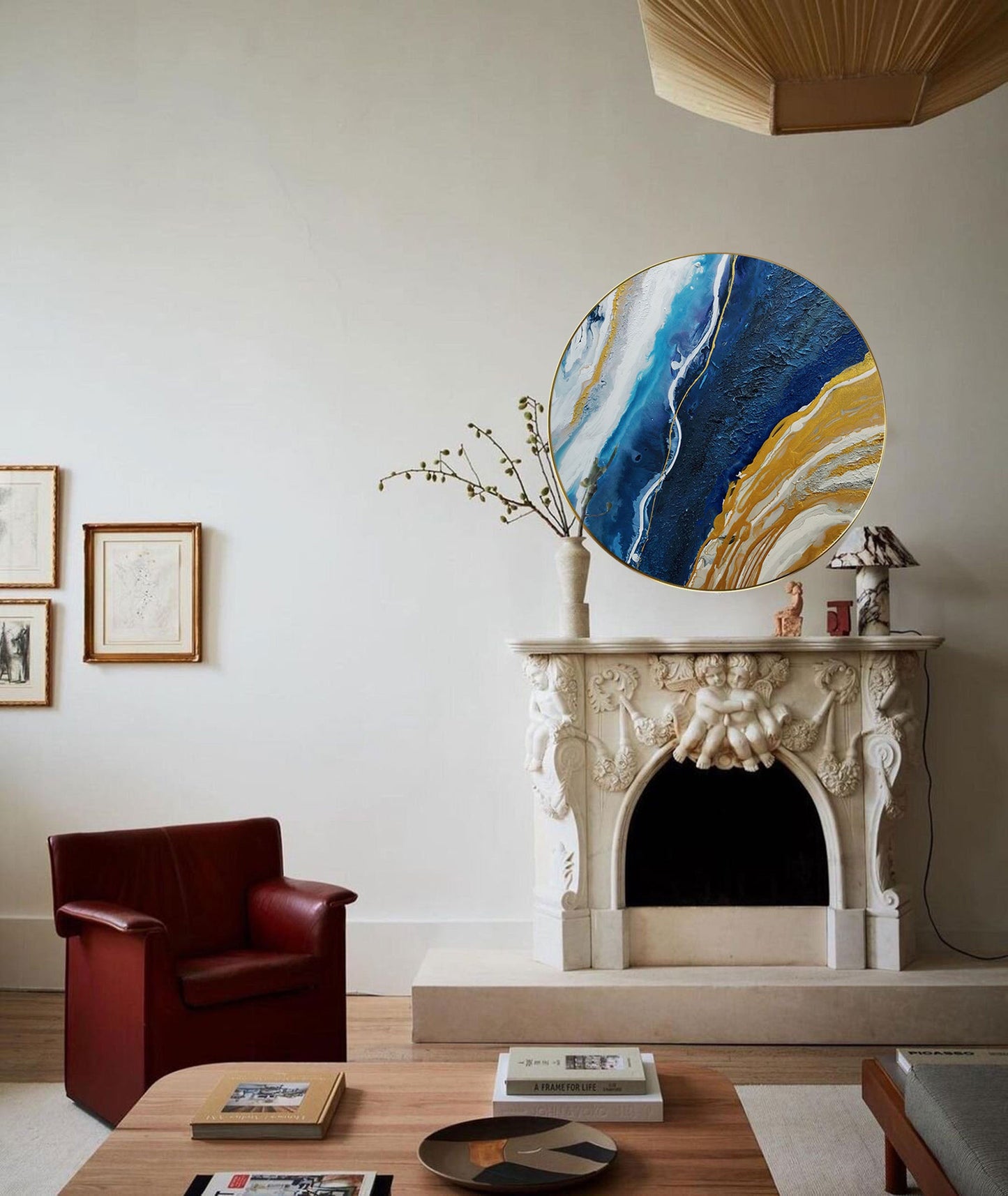Elegant Circular Abstract Ocean-Inspired Oil Painting in Blue and Gold