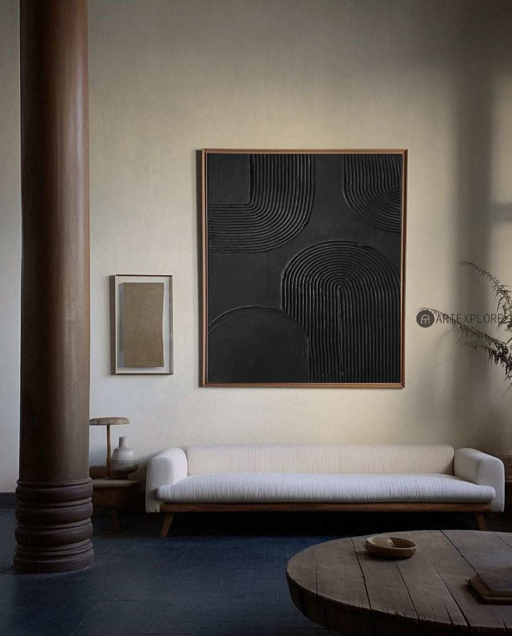 Contemporary Black Abstract Oil Painting with Textured Lines and Minimalist Elegance