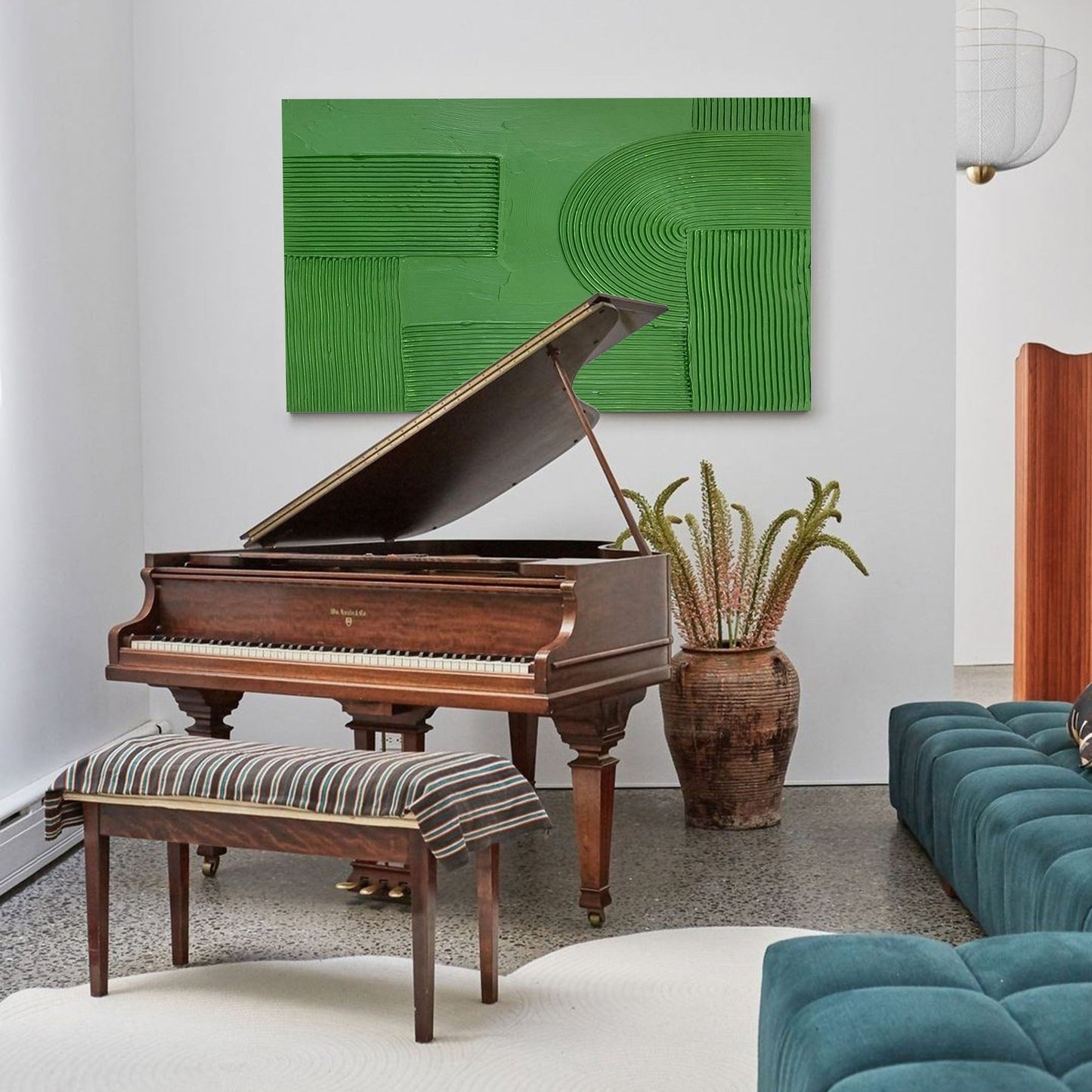Abstract Green Oil Painting with Textured Minimalist Design for Modern Decor